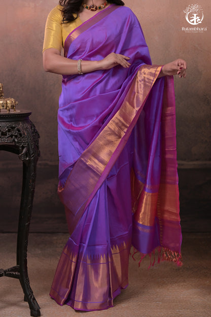 Bhadra - Lavender Pink Plain Handwoven Silk Saree With Gold Zari Border-Rutambhara-RUTAMBHARA