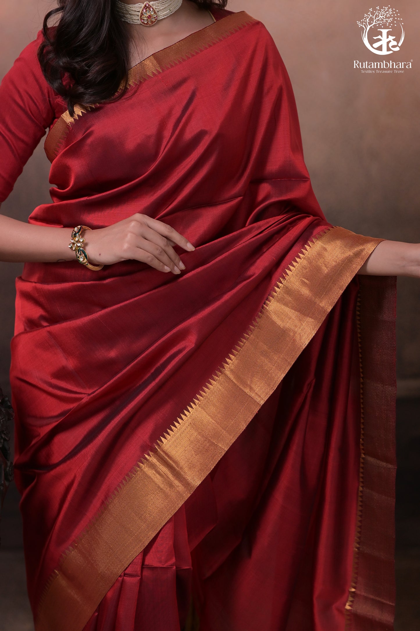 Bhadra - Reddish Maroon Plain Handwoven Silk Saree With Gold Zari Border