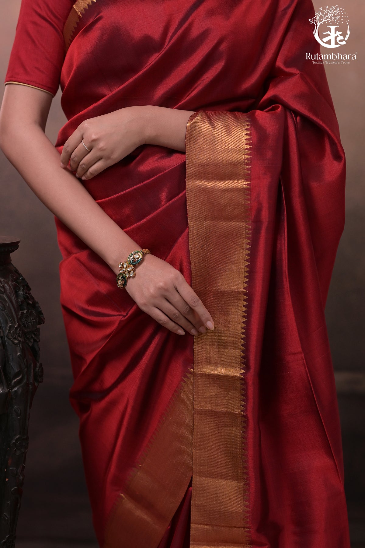 Bhadra - Reddish Maroon Plain Handwoven Silk Saree With Gold Zari Border
