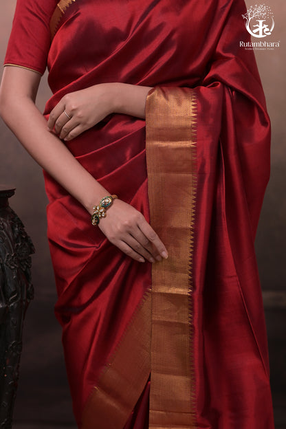Bhadra - Reddish Maroon Plain Handwoven Silk Saree With Gold Zari Border-Rutambhara-RUTAMBHARA