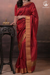 Bhadra - Reddish Maroon Plain Handwoven Silk Saree With Gold Zari Border