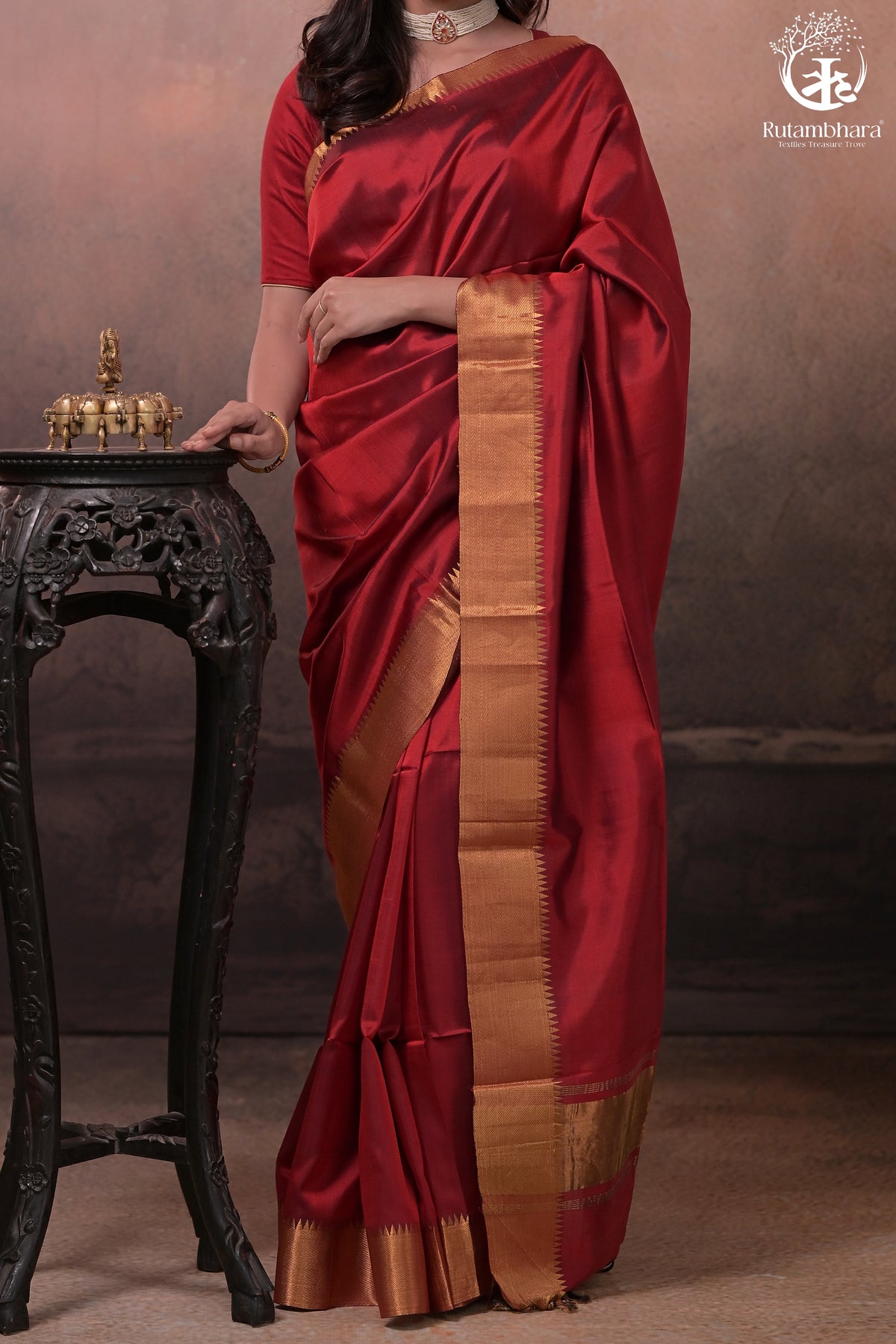 Bhadra - Reddish Maroon Plain Handwoven Silk Saree With Gold Zari Border