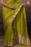 Bhadra - Lemon Green  Plain Handwoven Silk Saree With Silver Zari Border