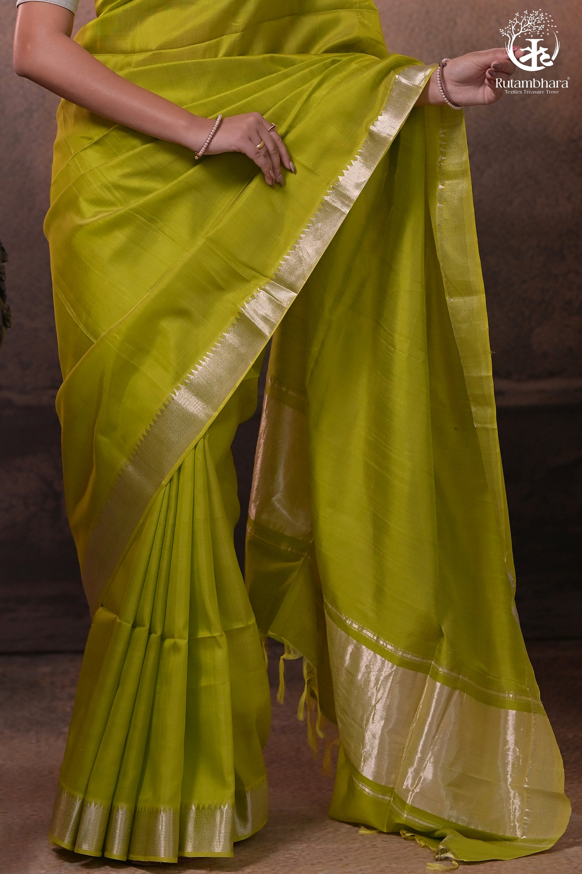 Bhadra - Lemon Green Plain Handwoven Silk Saree With Silver Zari Border-Rutambhara-RUTAMBHARA