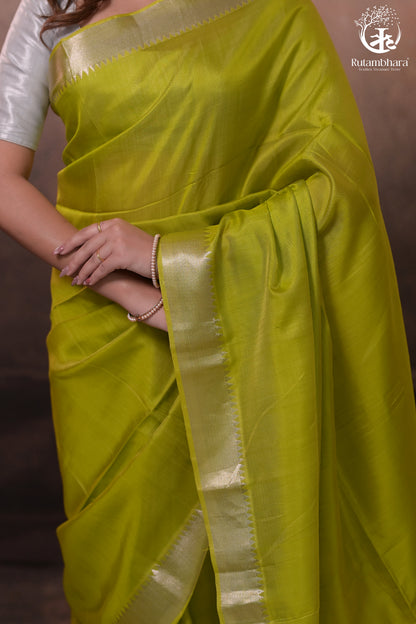 Bhadra - Lemon Green Plain Handwoven Silk Saree With Silver Zari Border-Rutambhara-RUTAMBHARA