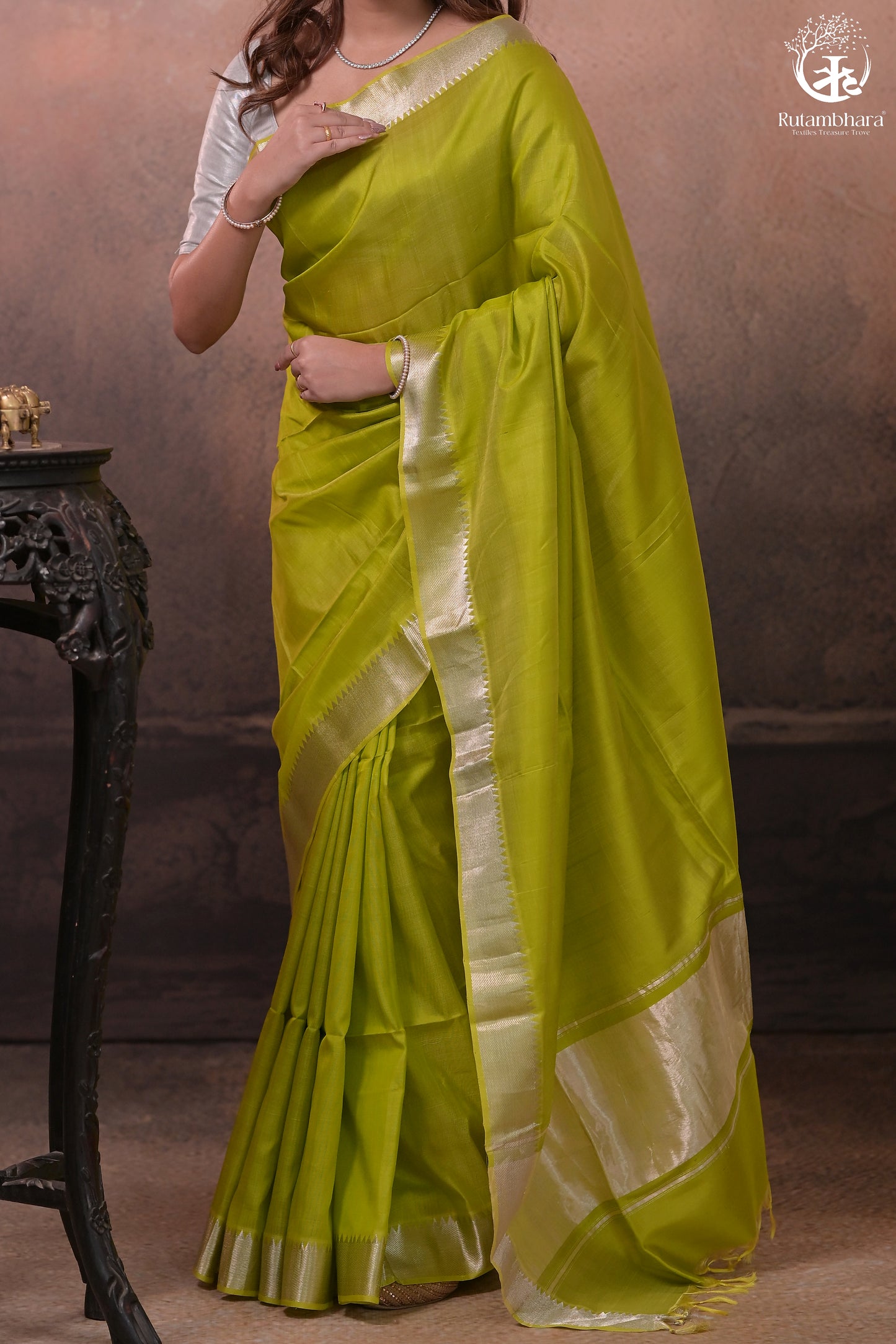 Bhadra - Lemon Green  Plain Handwoven Silk Saree With Silver Zari Border