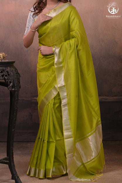 Bhadra - Lemon Green Plain Handwoven Silk Saree With Silver Zari Border-Rutambhara-RUTAMBHARA