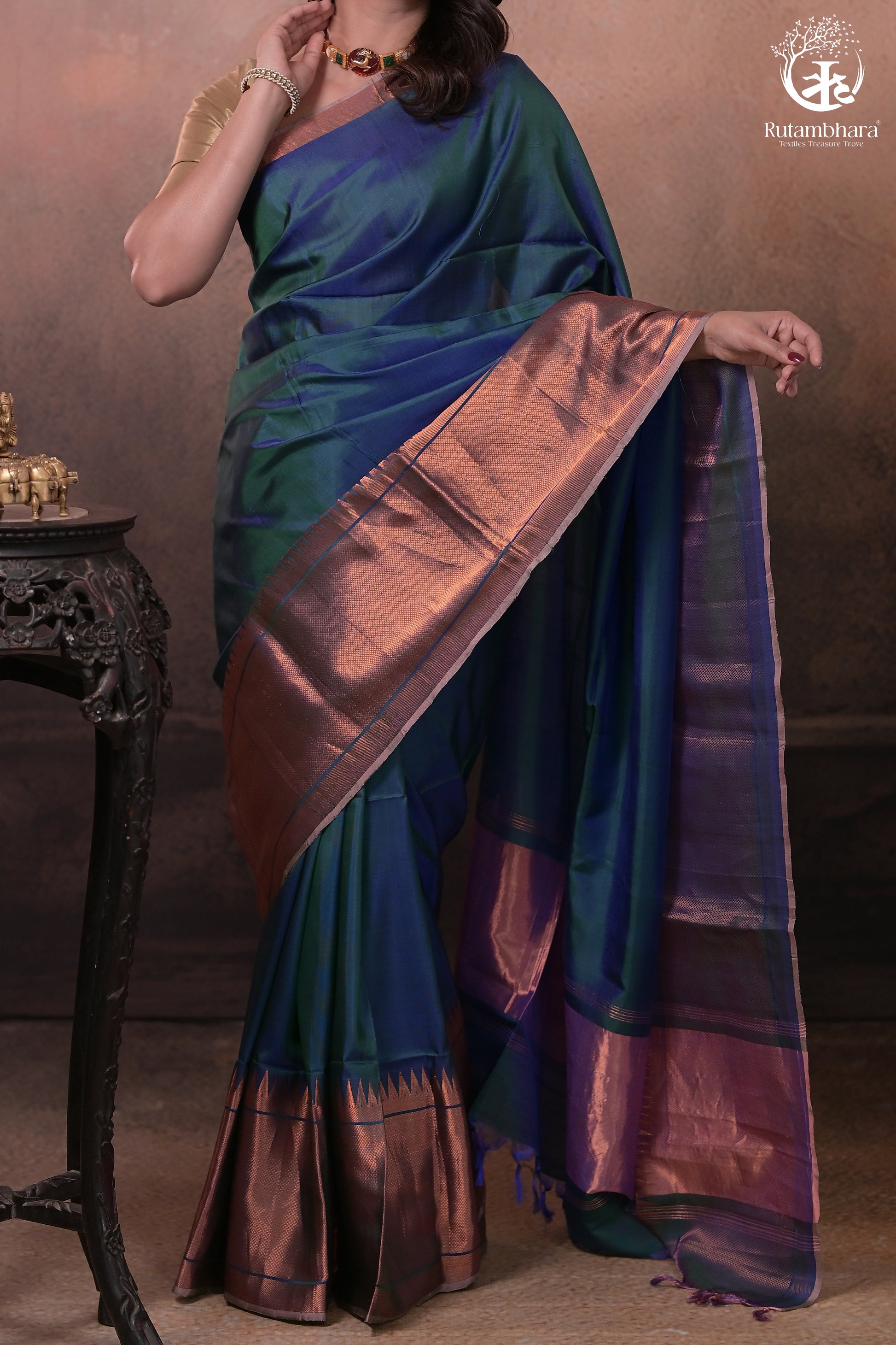 Bhadra - Teal Blue Plain Handwoven Silk Saree With Copper Zari Border-Rutambhara-RUTAMBHARA