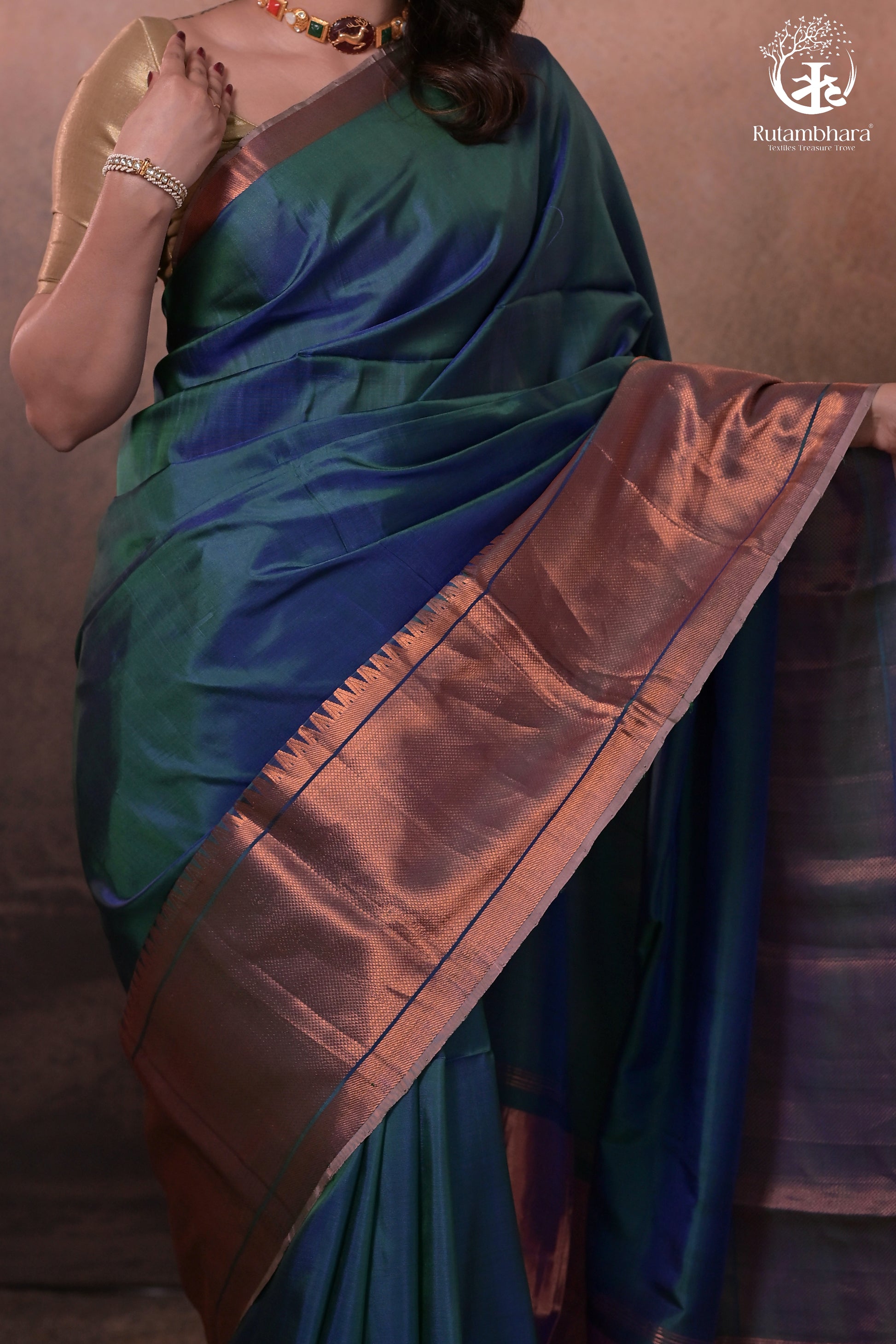 Bhadra - Teal Blue Plain Handwoven Silk Saree With Copper Zari Border-Rutambhara-RUTAMBHARA
