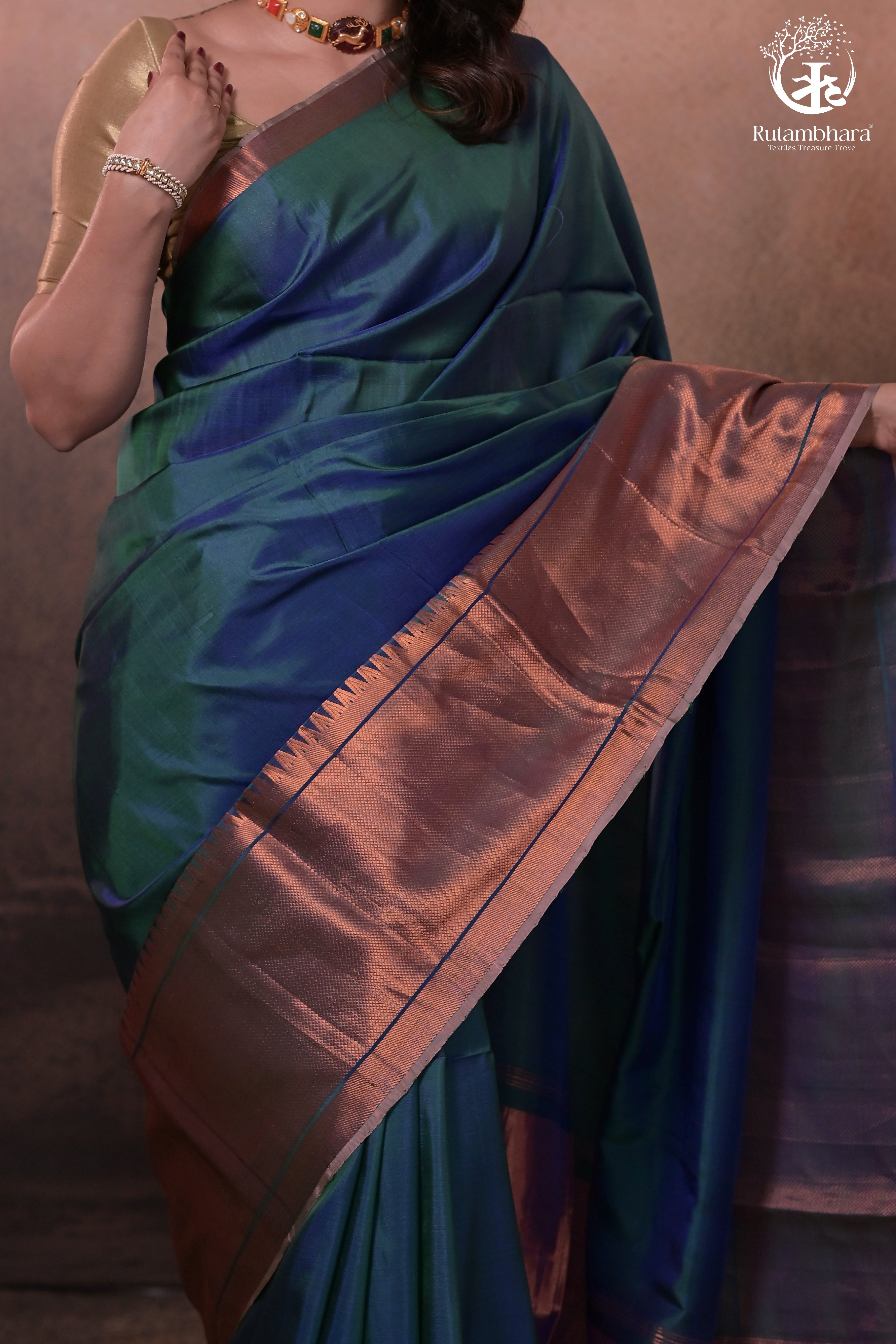BHADRA - TEAL BLUE PLAIN HANDWOVEN SILK SAREE WITH COPPER ZARI BORDER