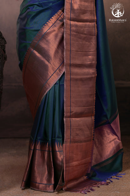 Bhadra - Teal Blue Plain Handwoven Silk Saree With Copper Zari Border-Rutambhara-RUTAMBHARA