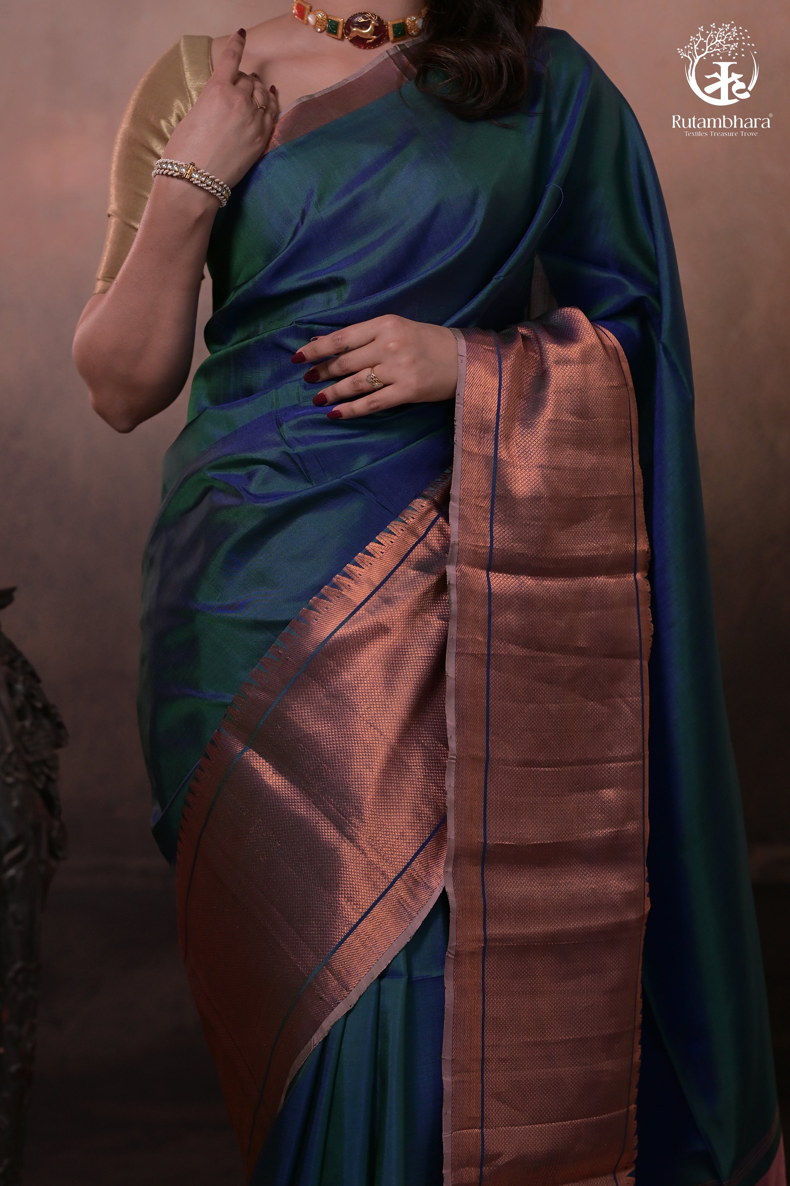 BHADRA - TEAL BLUE PLAIN HANDWOVEN SILK SAREE WITH COPPER ZARI BORDER
