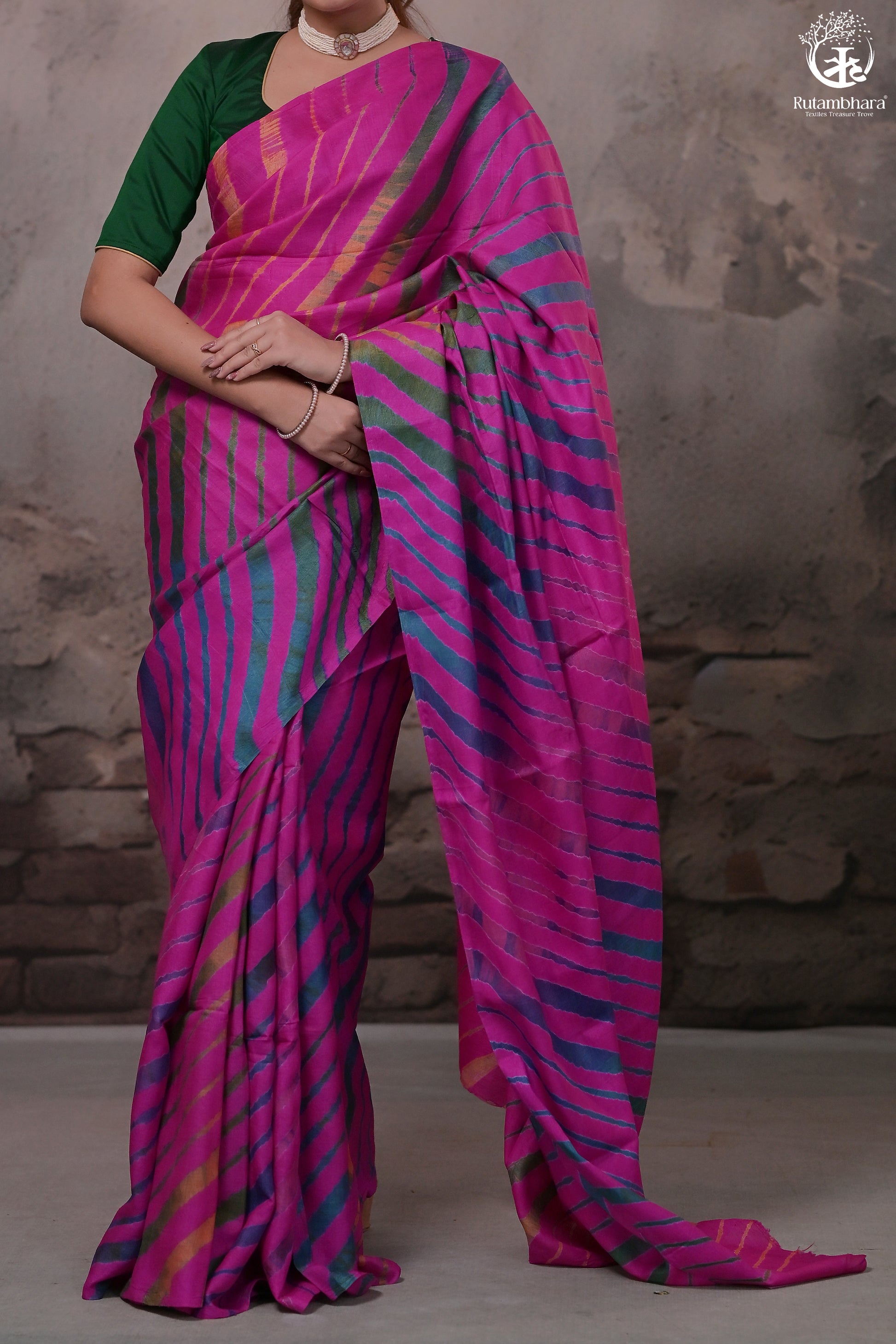 Dhanak - Fuschia Pink Leheriya Saree In Tussar Silk-Rutambhara-RUTAMBHARA