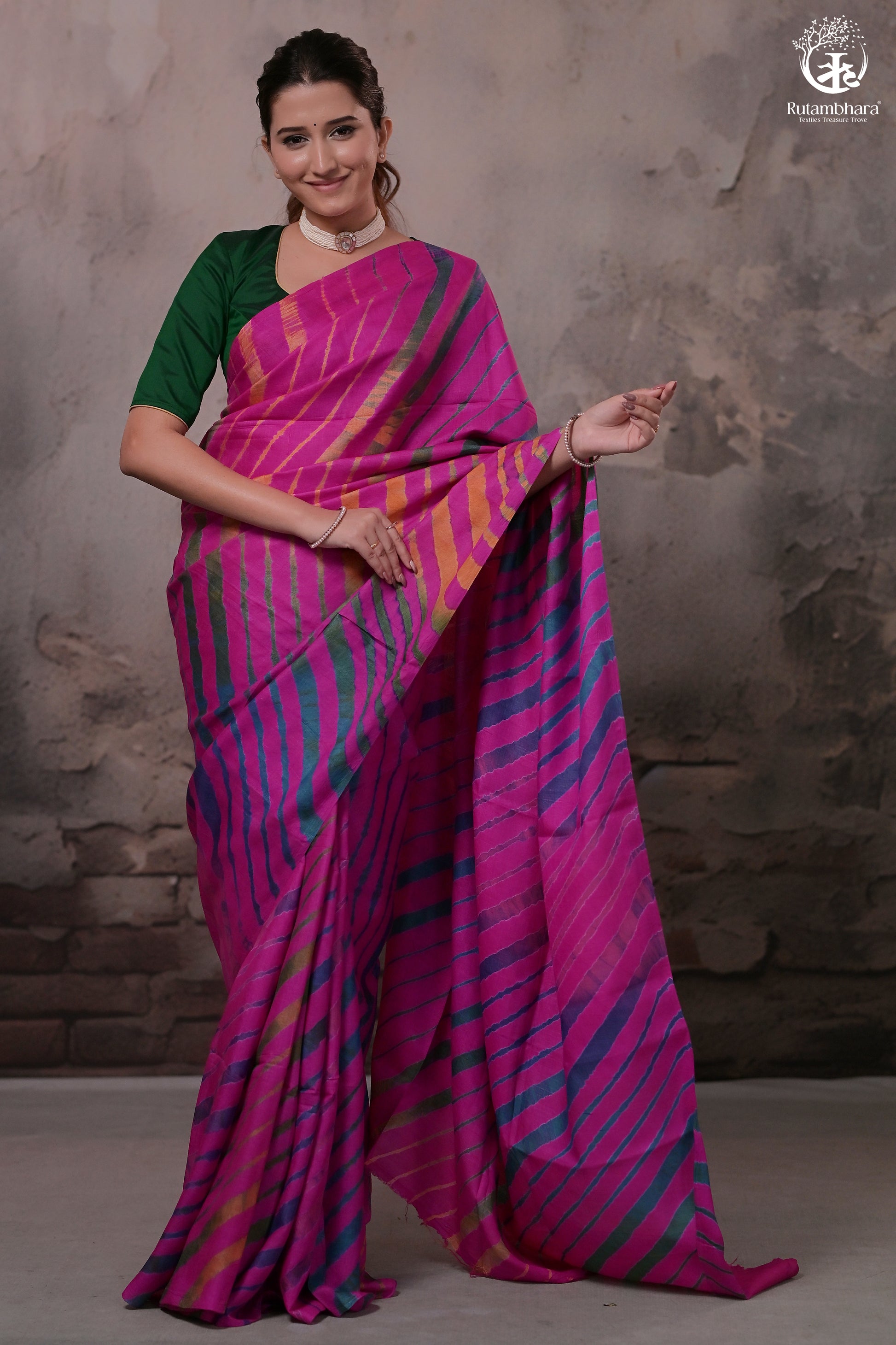 Dhanak - Fuschia Pink Leheriya Saree In Tussar Silk-Rutambhara-RUTAMBHARA