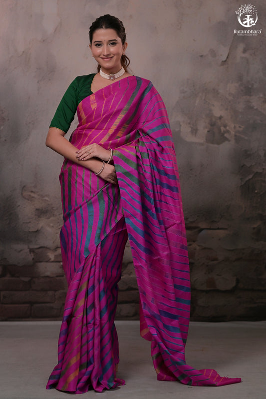 Dhanak - Fuschia Pink Leheriya Saree In Tussar Silk