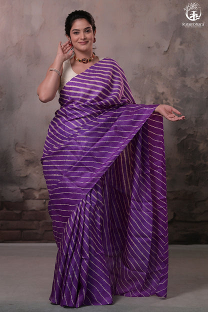 Dhanak - Purple Beige Leheriya Saree In Tussar Silk-Rutambhara-RUTAMBHARA
