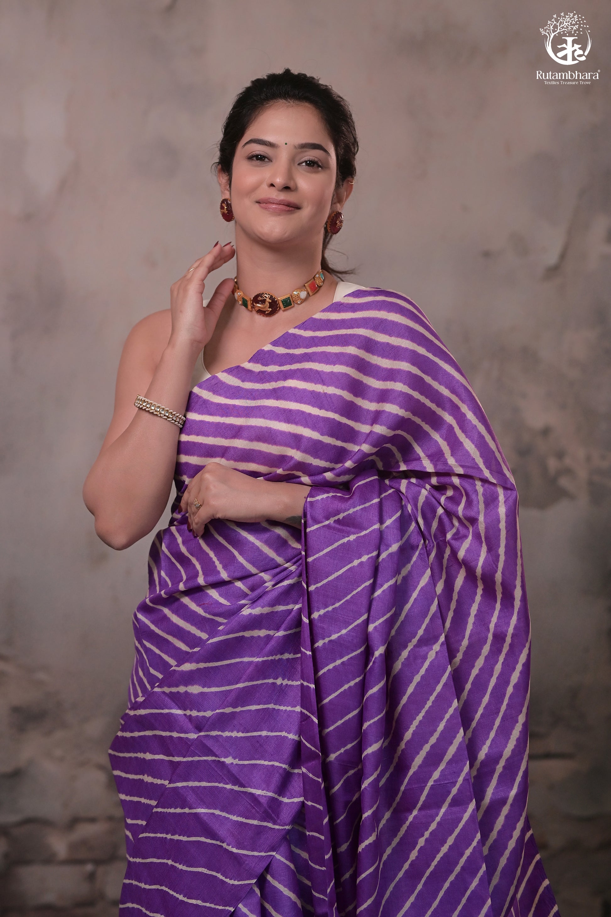 Dhanak - Purple Beige Leheriya Saree In Tussar Silk-Rutambhara-RUTAMBHARA