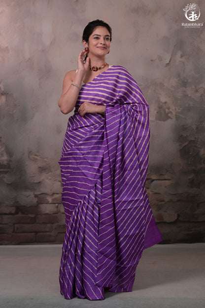 Dhanak - Purple Beige Leheriya Saree In Tussar Silk-Rutambhara-RUTAMBHARA