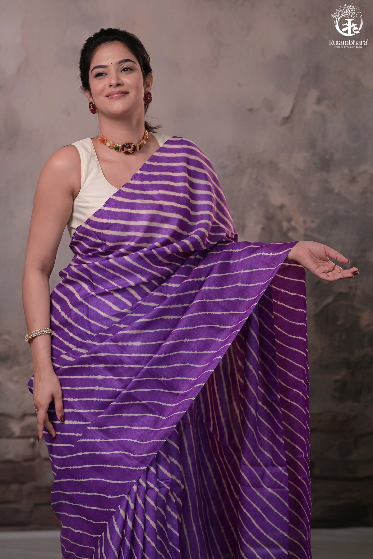 Dhanak - Purple Beige Leheriya Saree In Tussar Silk