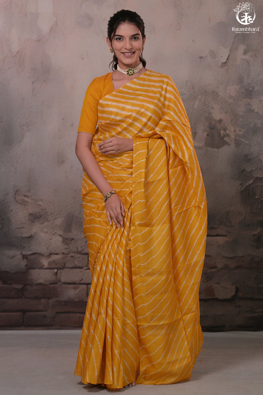 Dhanak - Turmeric Yellow Leheriya Saree In Tussar Silk
