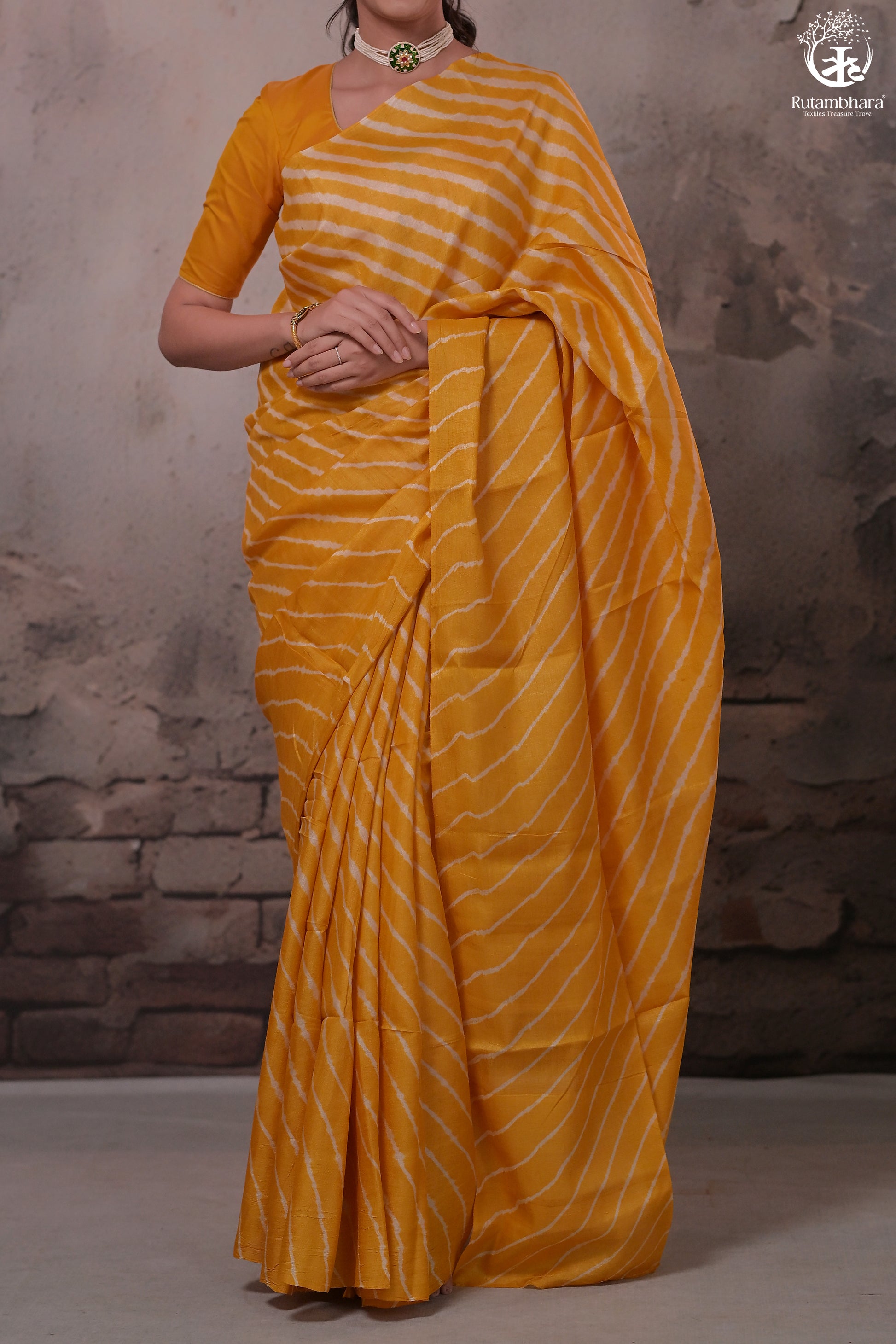 Dhanak - Turmeric Yellow Leheriya Saree In Tussar Silk-Rutambhara-RUTAMBHARA
