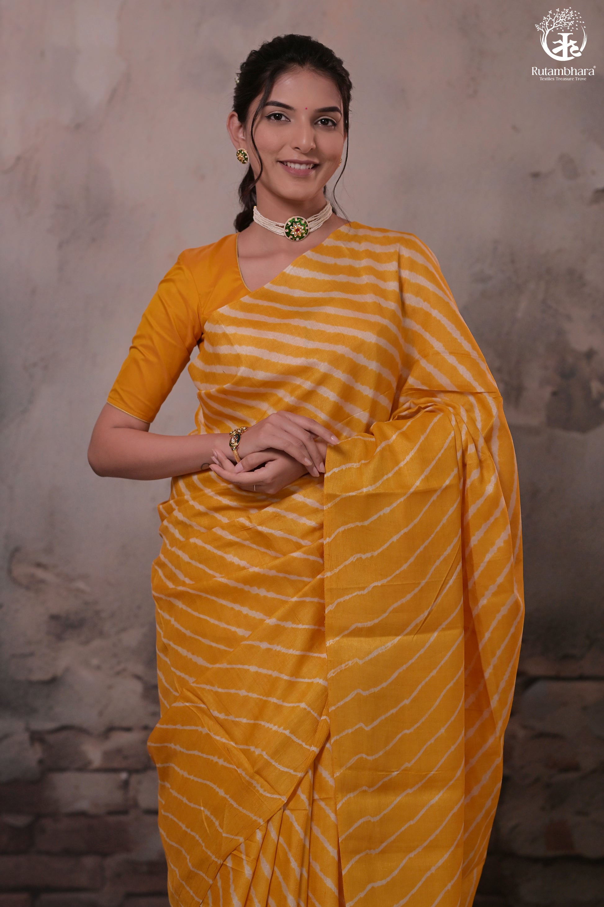 Dhanak - Turmeric Yellow Leheriya Saree In Tussar Silk-Rutambhara-RUTAMBHARA