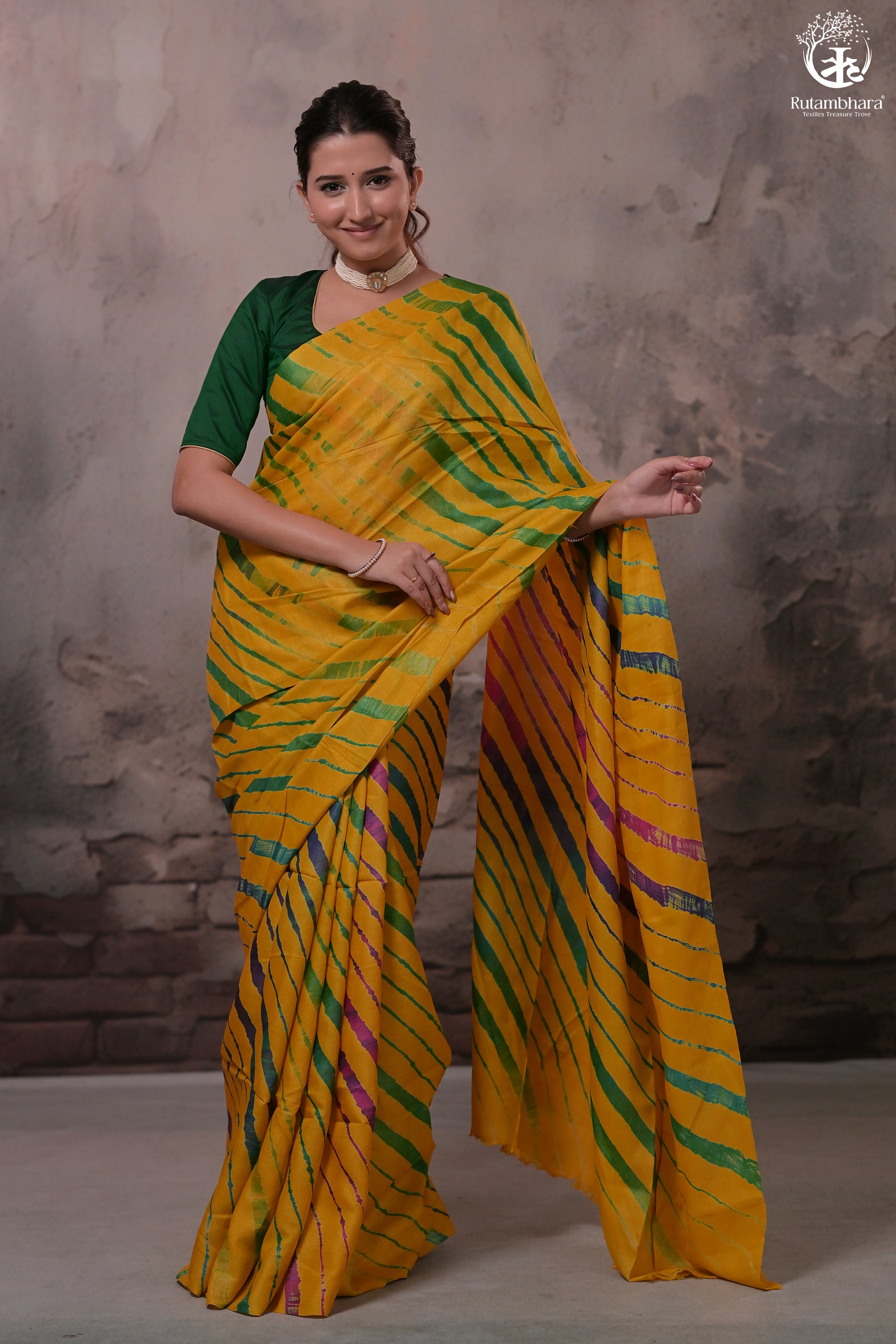 Dhanak - Mango Yellow Leheriya Saree In Tussar Silk-Rutambhara-RUTAMBHARA