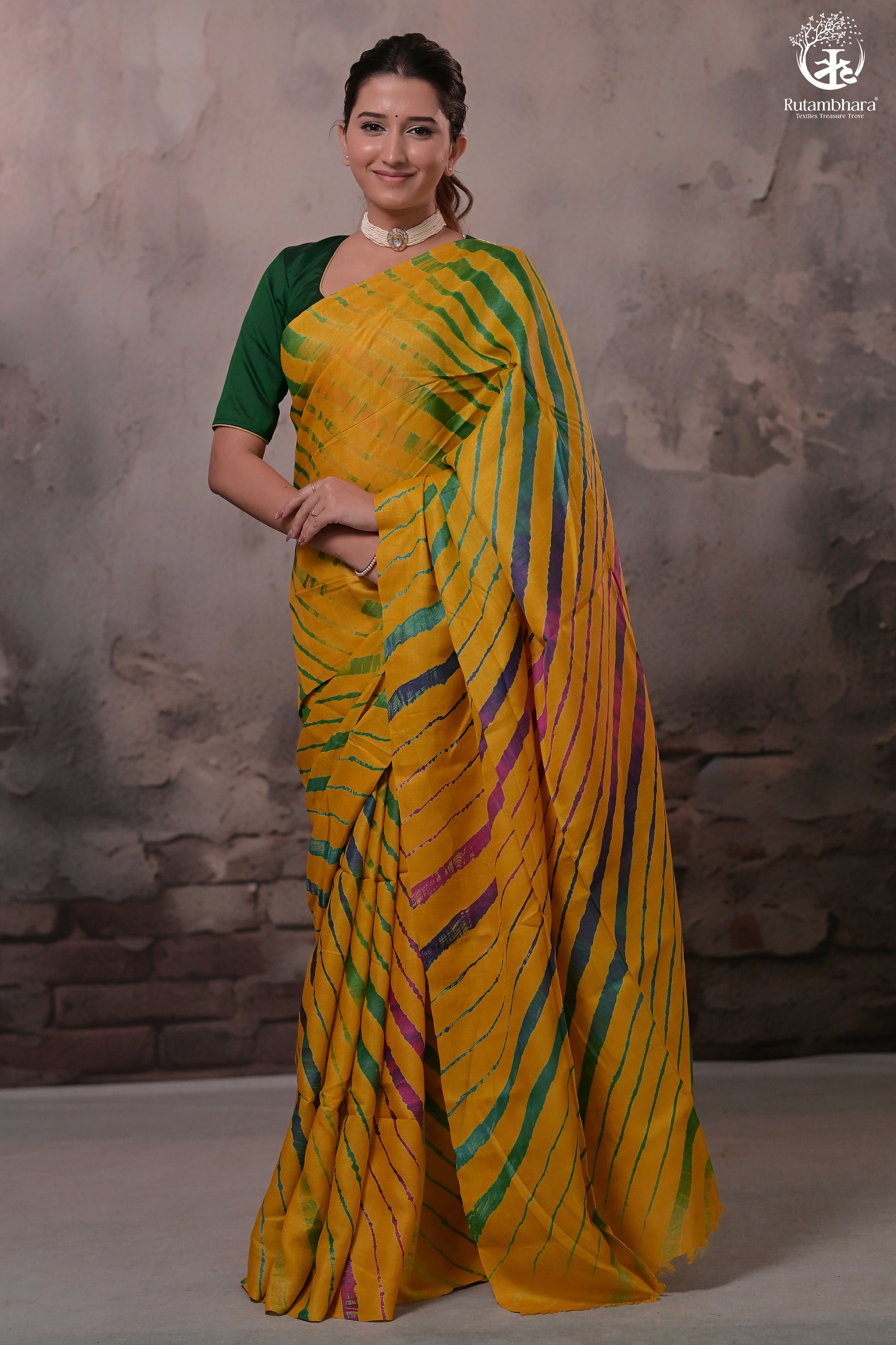 Dhanak - Mango Yellow Leheriya Saree In Tussar Silk-Rutambhara-RUTAMBHARA