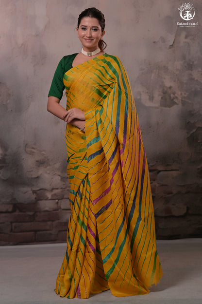 Dhanak - Mango Yellow Leheriya Saree In Tussar Silk-Rutambhara-RUTAMBHARA