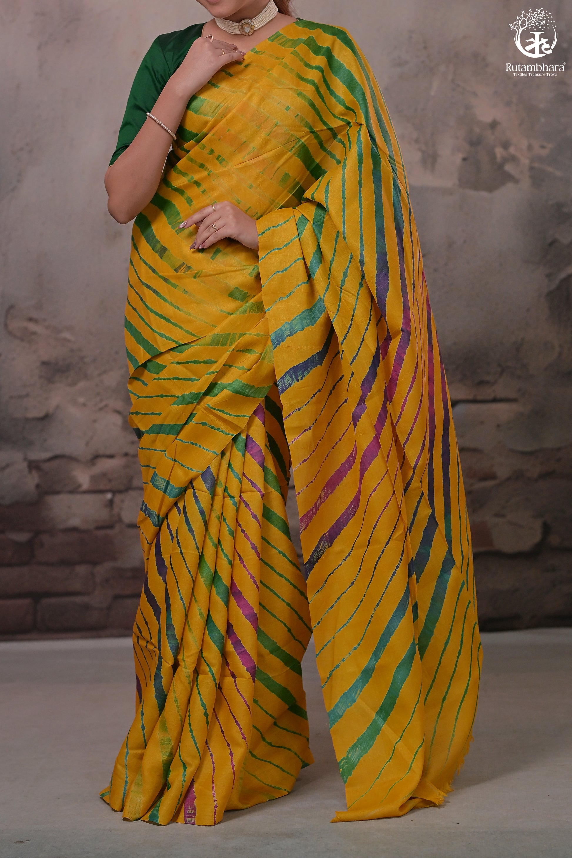 Dhanak - Mango Yellow Leheriya Saree In Tussar Silk-Rutambhara-RUTAMBHARA