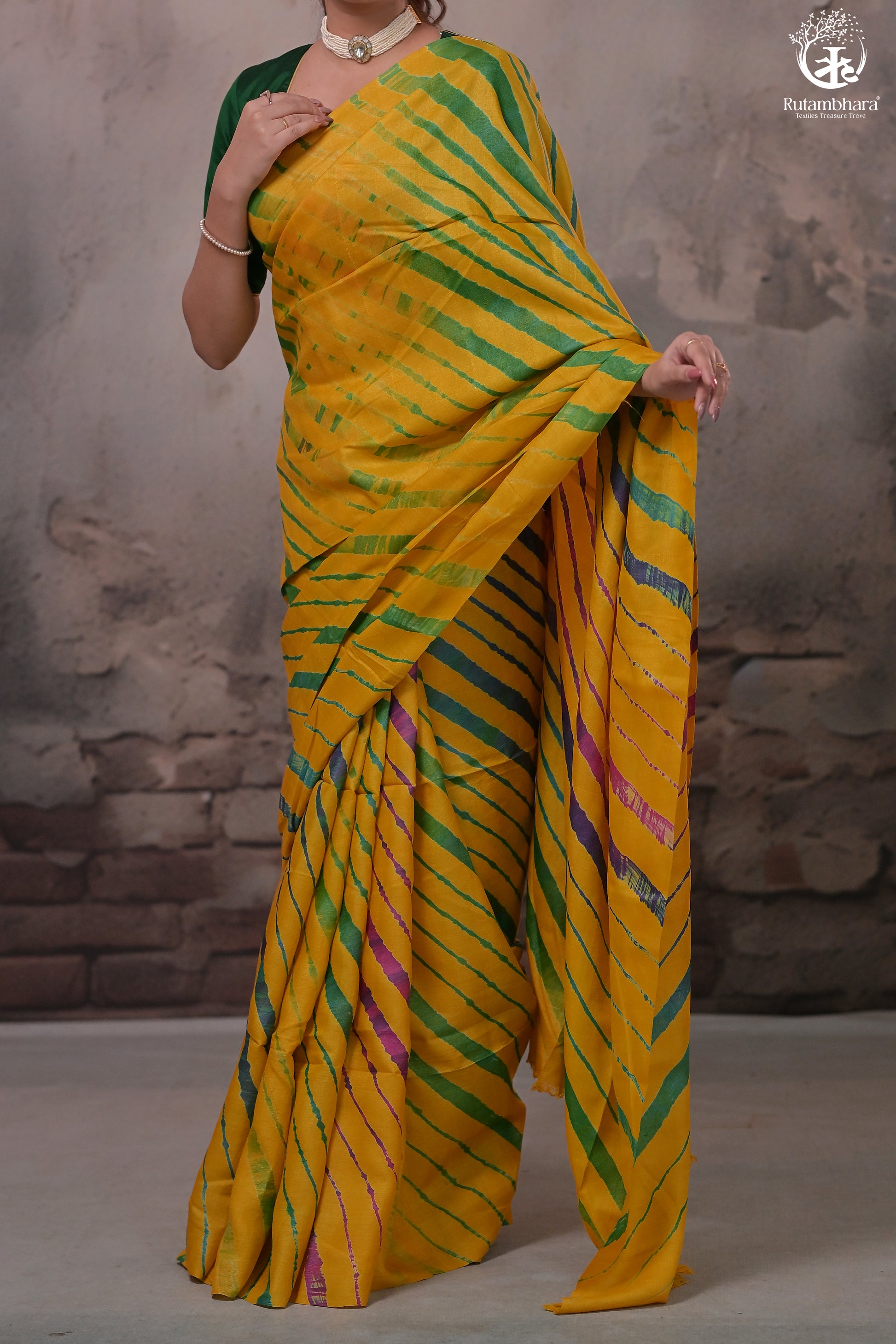 Dhanak - Mango Yellow Leheriya Saree In Tussar Silk-Rutambhara-RUTAMBHARA