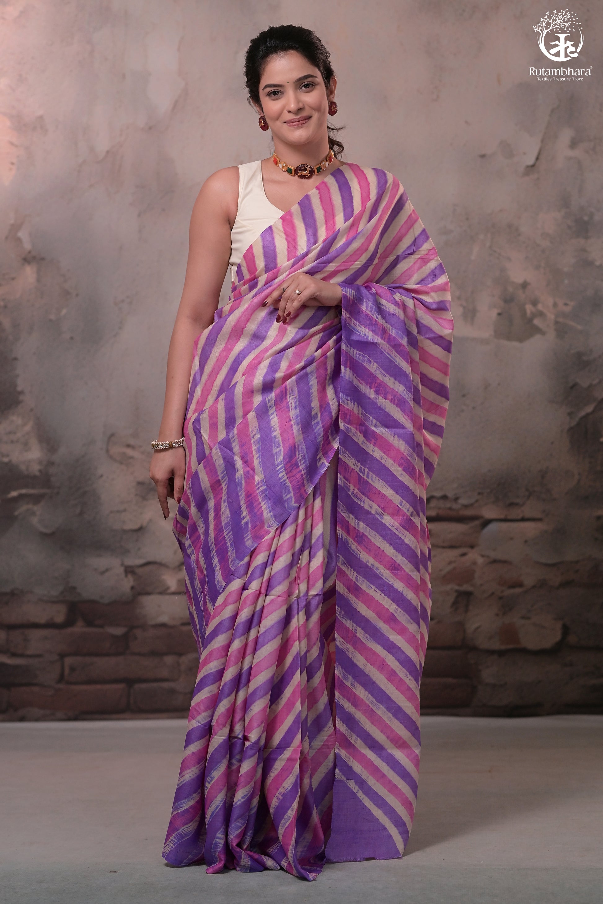 Dhanak - Lavender Leheriya Saree In Tussar Silk-Rutambhara-RUTAMBHARA