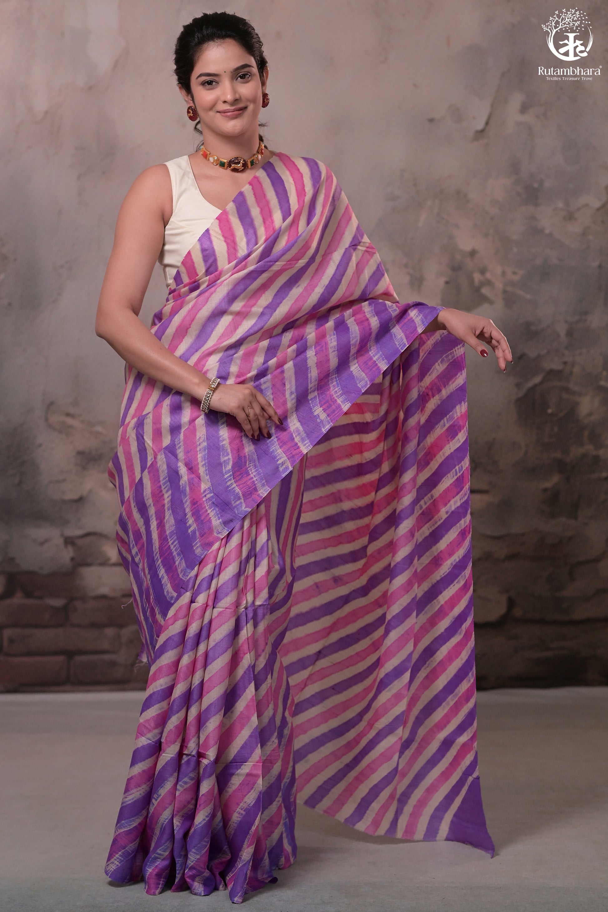Dhanak - Lavender Leheriya Saree In Tussar Silk-Rutambhara-RUTAMBHARA