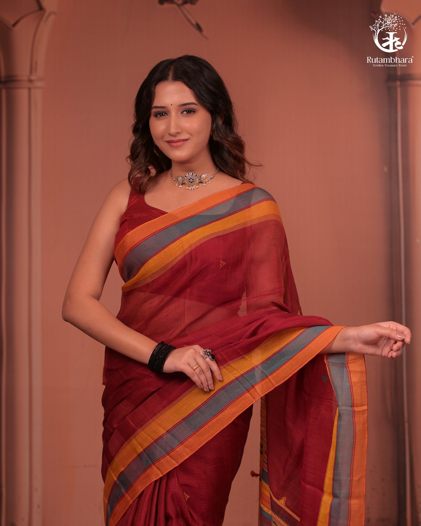 JESAAL -  Handloom Cotton Eri Silk Saree With Kutchhi Craftsmanship