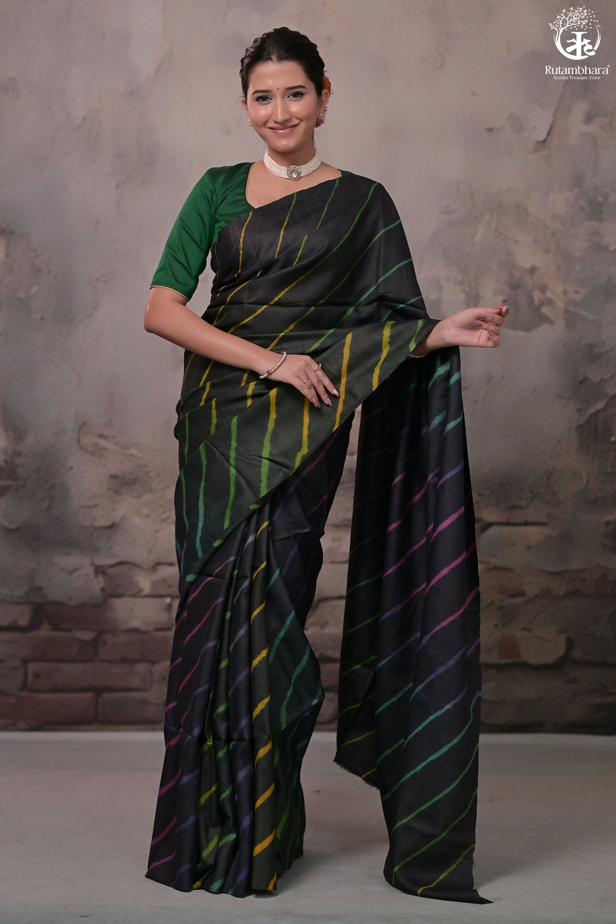 Dhanak - Black Leheriya Saree In Tussar Silk