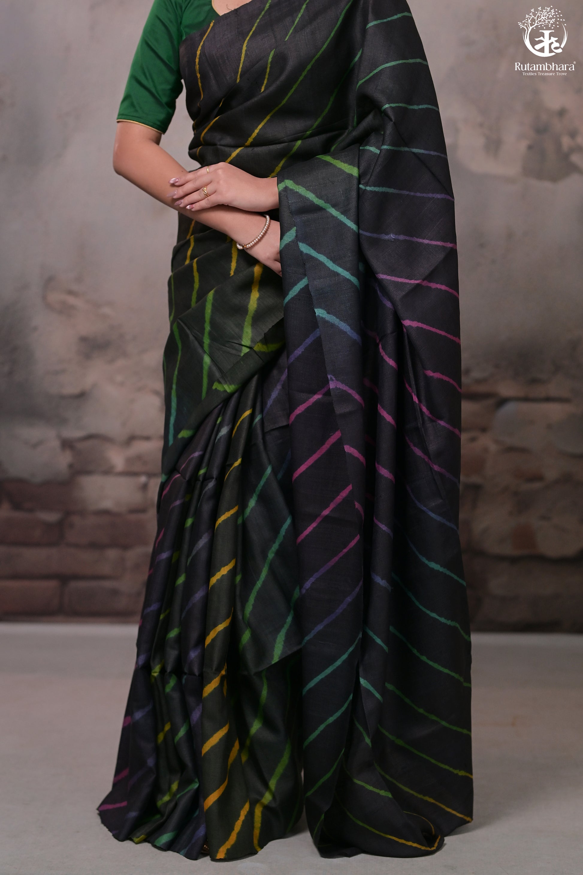 Dhanak - Black Leheriya Saree In Tussar Silk-Rutambhara-RUTAMBHARA