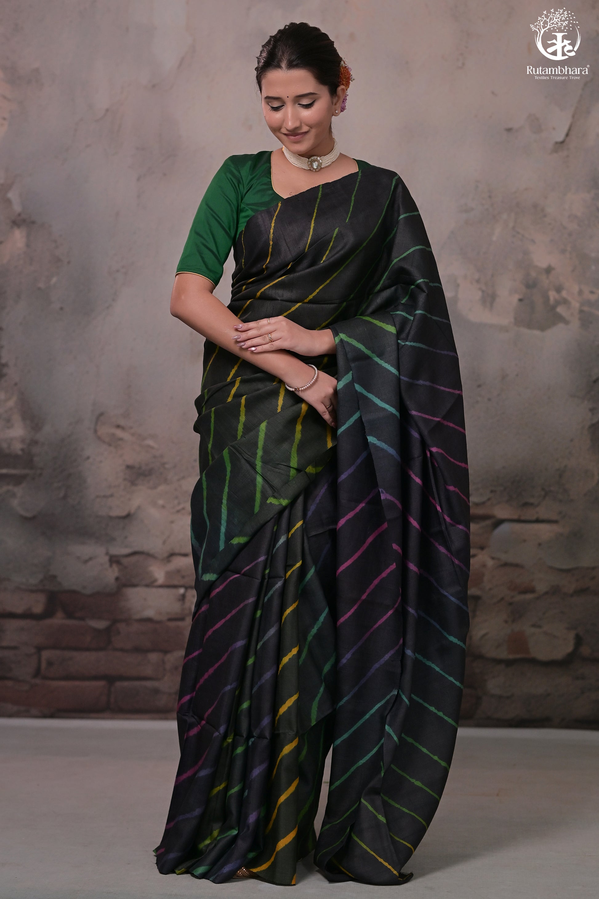 Dhanak - Black Leheriya Saree In Tussar Silk-Rutambhara-RUTAMBHARA
