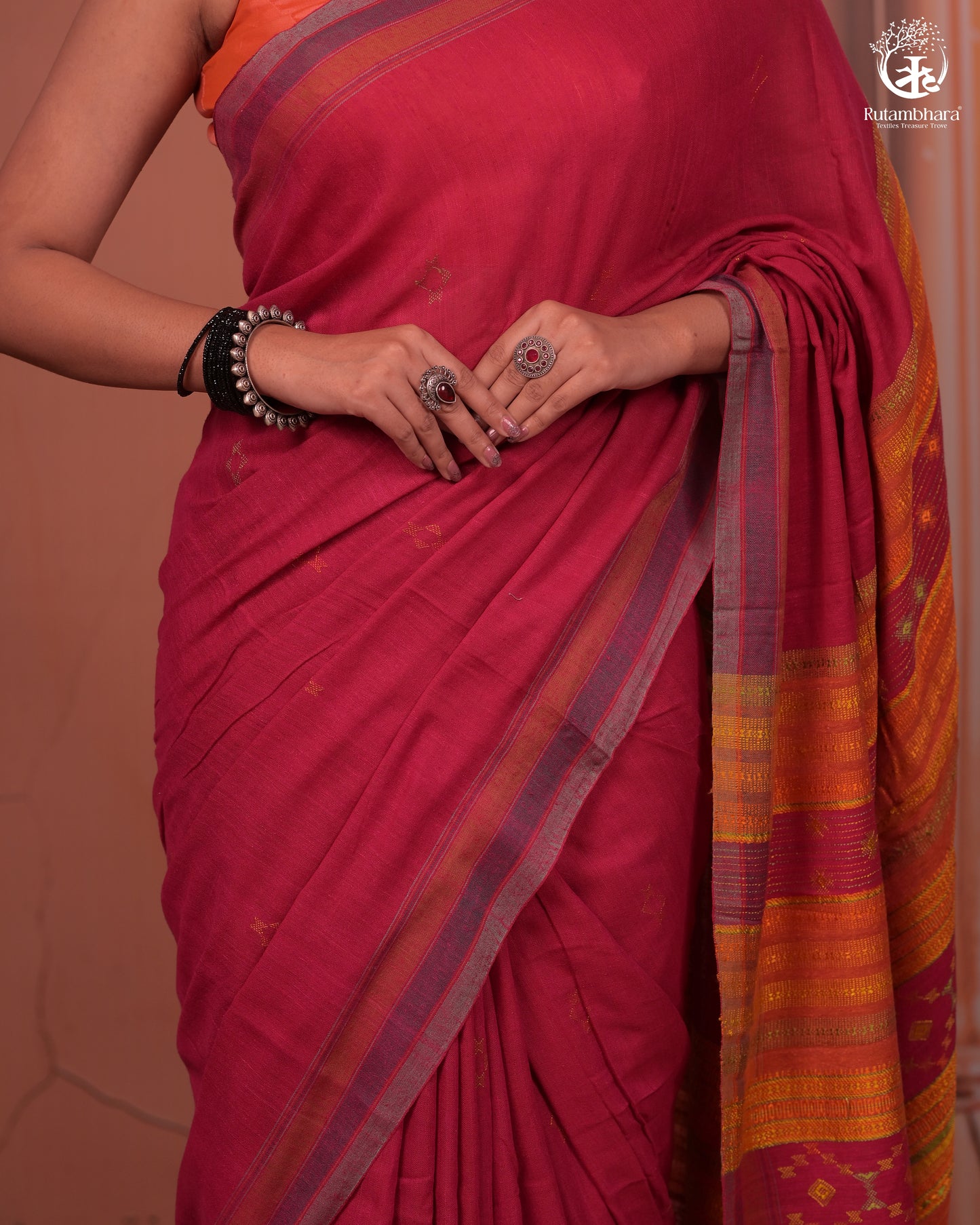 JESAAL - Statement Tussar Cotton Saree with Multicolour Kutchi Border