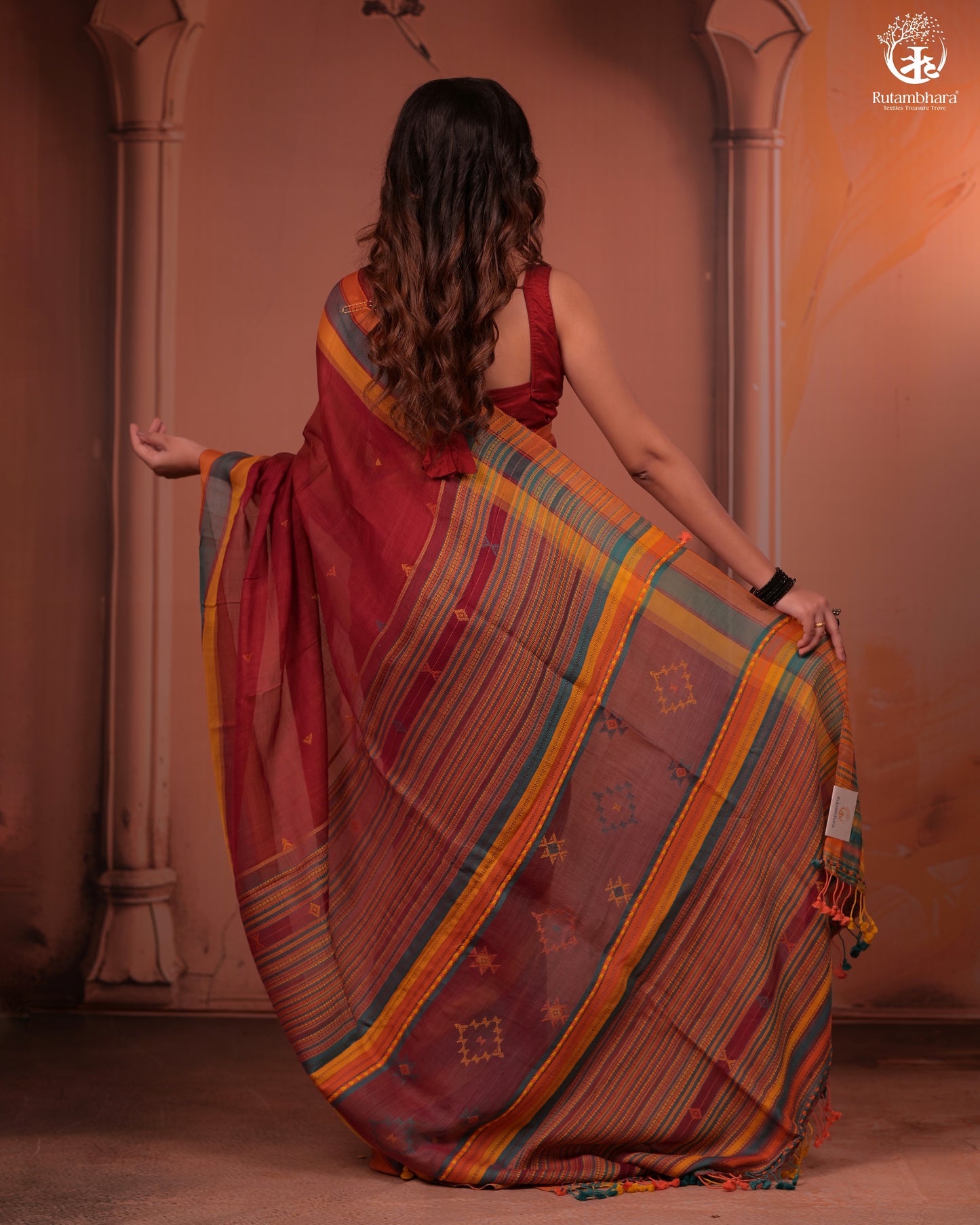 JESAAL -  Handloom Cotton Eri Silk Saree With Kutchhi Craftsmanship