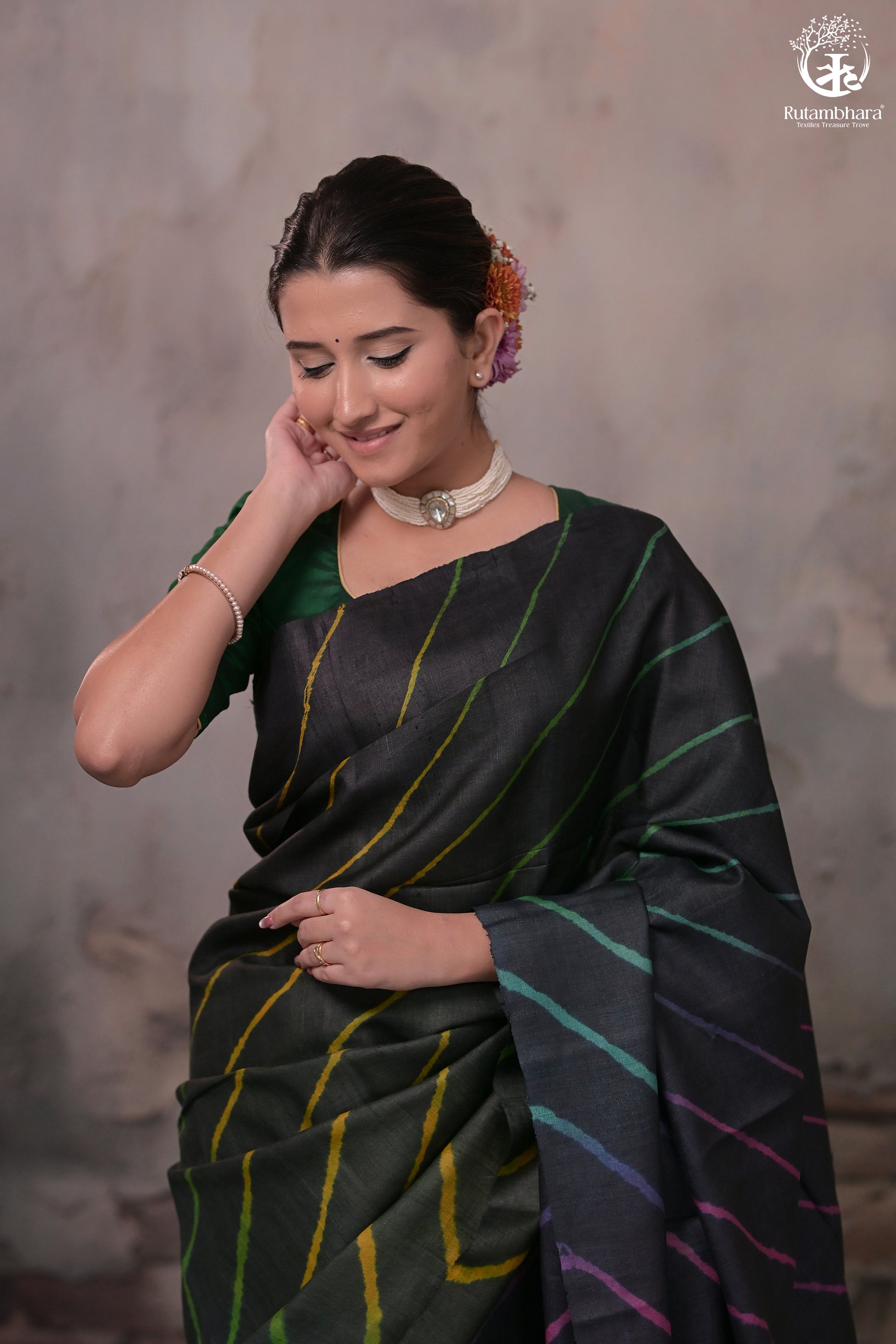 Dhanak - Black Leheriya Saree In Tussar Silk-Rutambhara-RUTAMBHARA