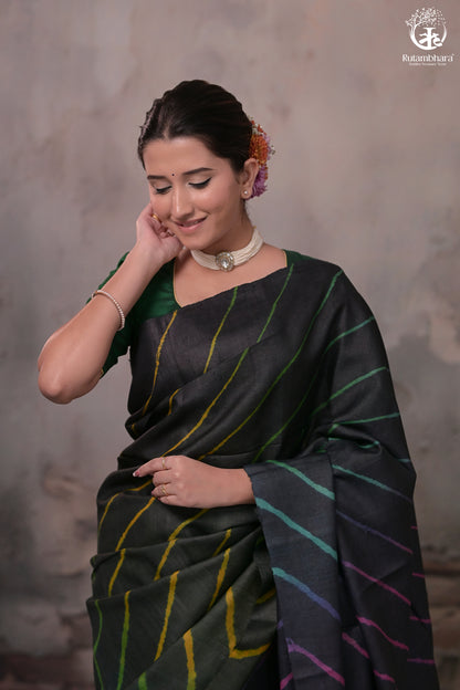 Dhanak - Black Leheriya Saree In Tussar Silk-Rutambhara-RUTAMBHARA