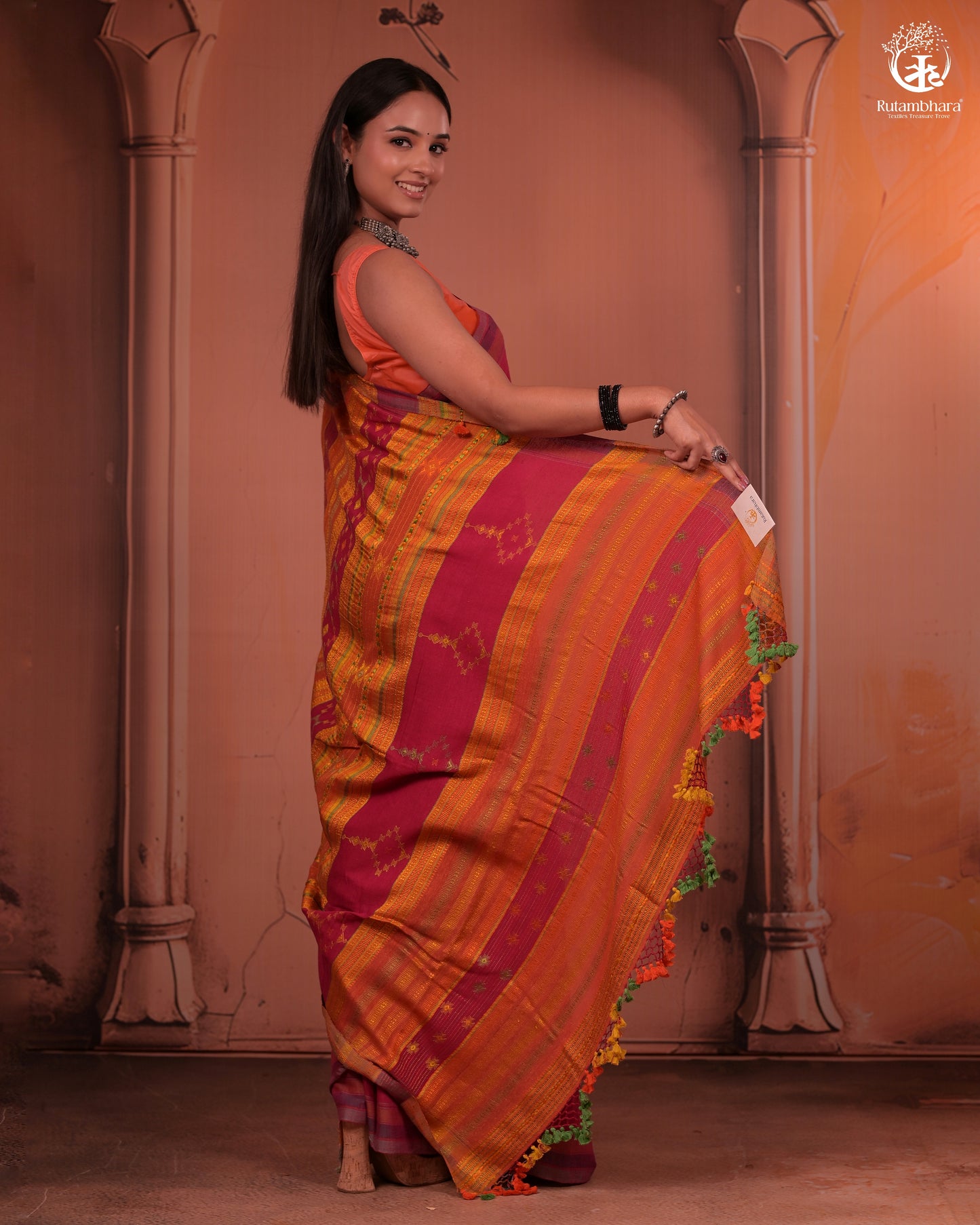 JESAAL - Statement Tussar Cotton Saree with Multicolour Kutchi Border