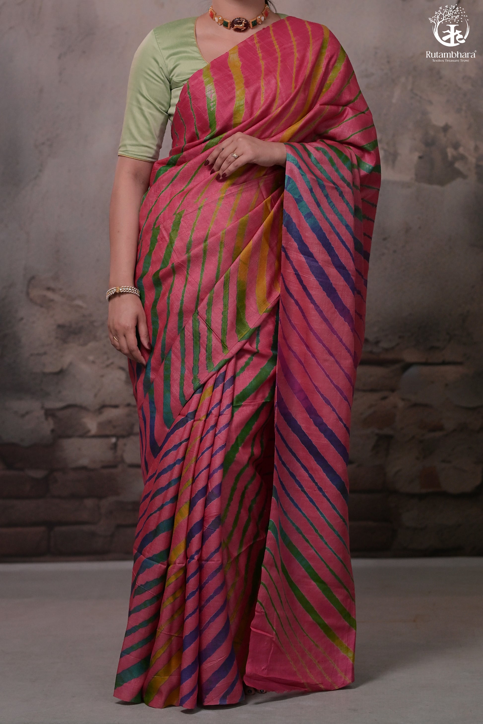 Dhanak - Carrot Pink Leheriya Saree In Tussar Silk-Rutambhara-RUTAMBHARA