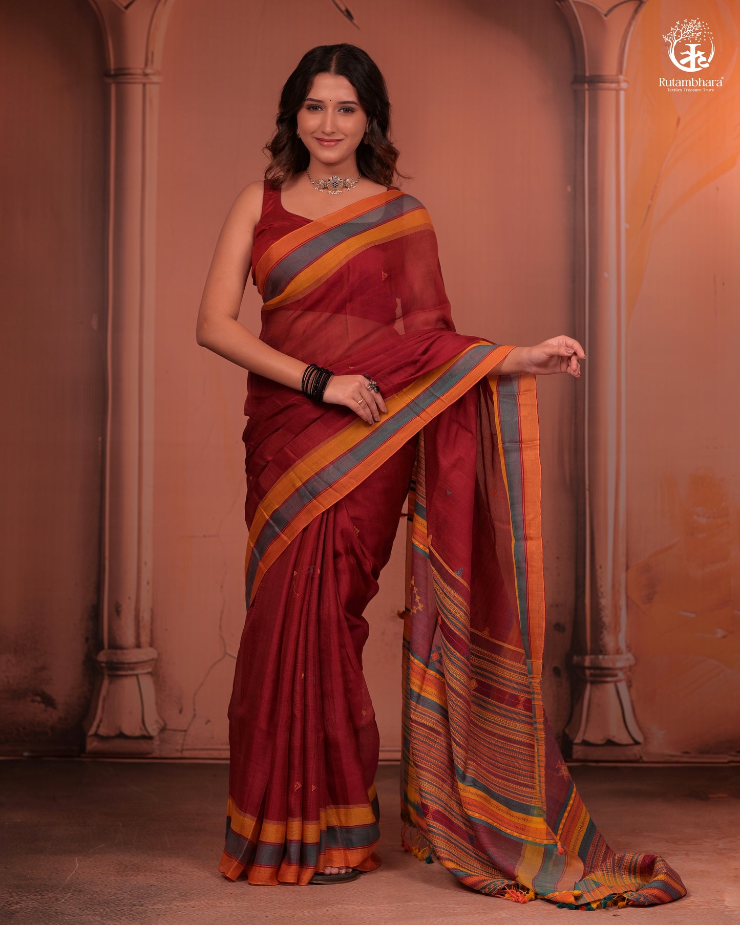 JESAAL -  Handloom Cotton Eri Silk Saree With Kutchhi Craftsmanship