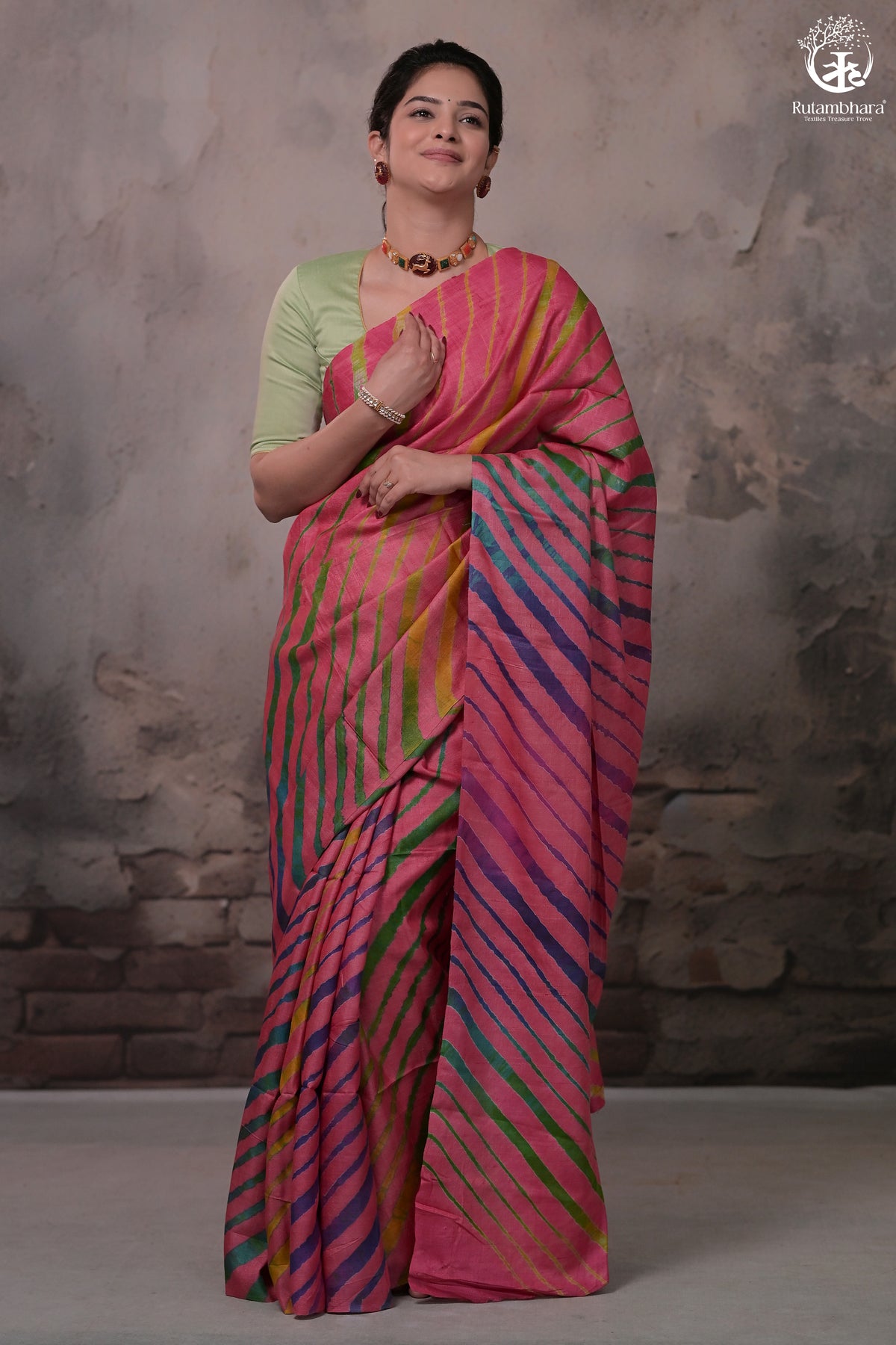 Dhanak - Carrot Pink Leheriya Saree In Tussar Silk