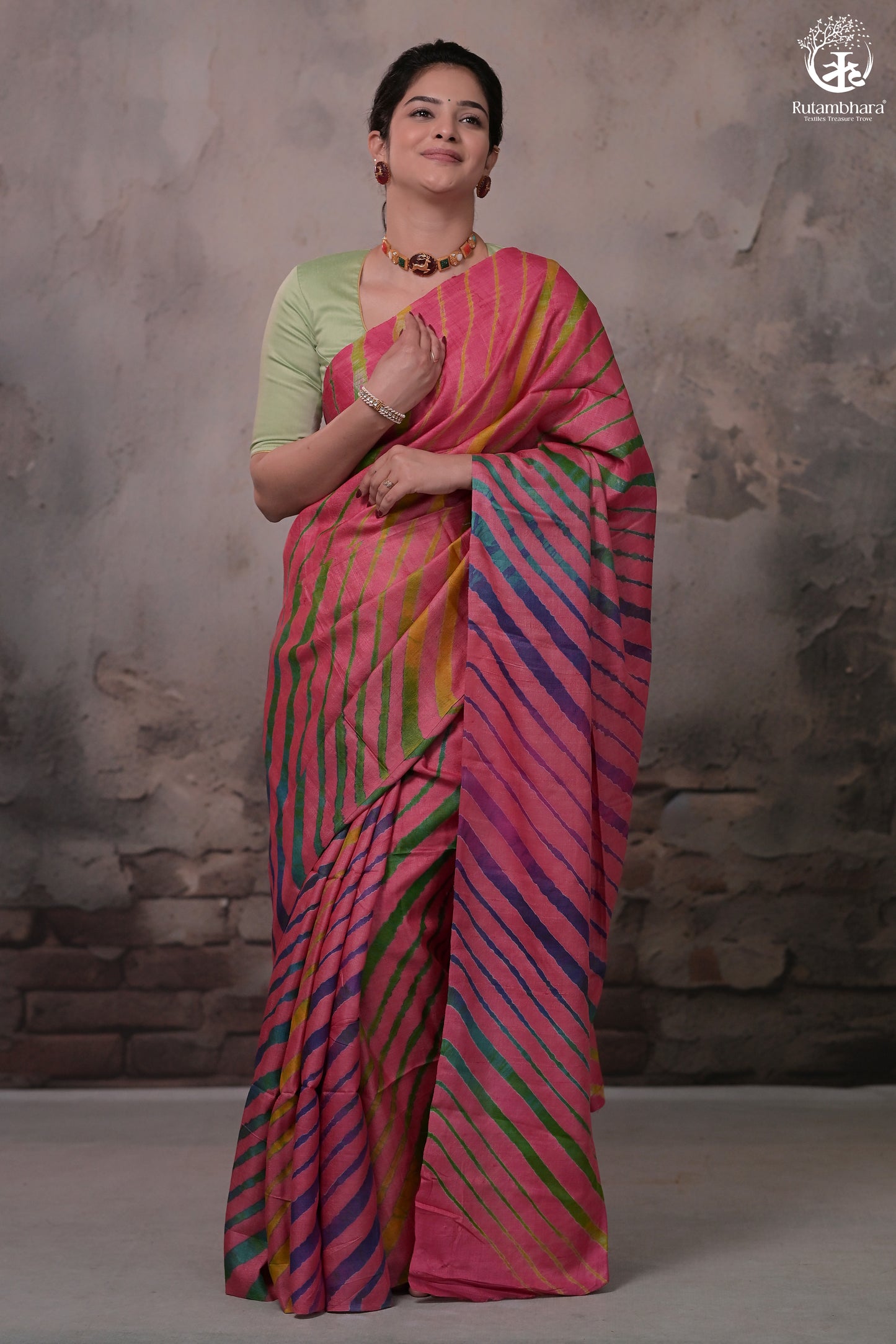 Dhanak - Carrot Pink Leheriya Saree In Tussar Silk