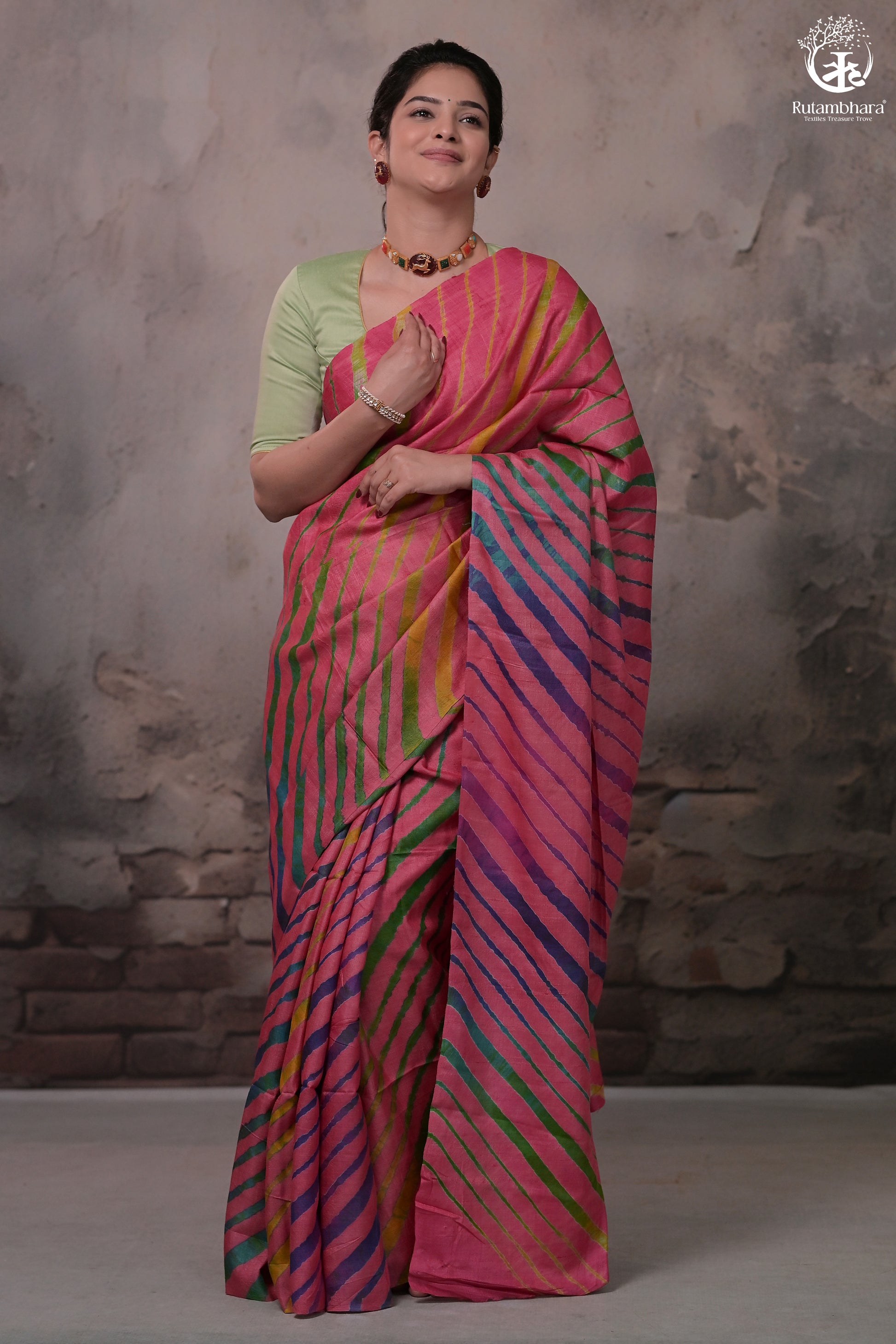 Dhanak - Carrot Pink Leheriya Saree In Tussar Silk-Rutambhara-RUTAMBHARA