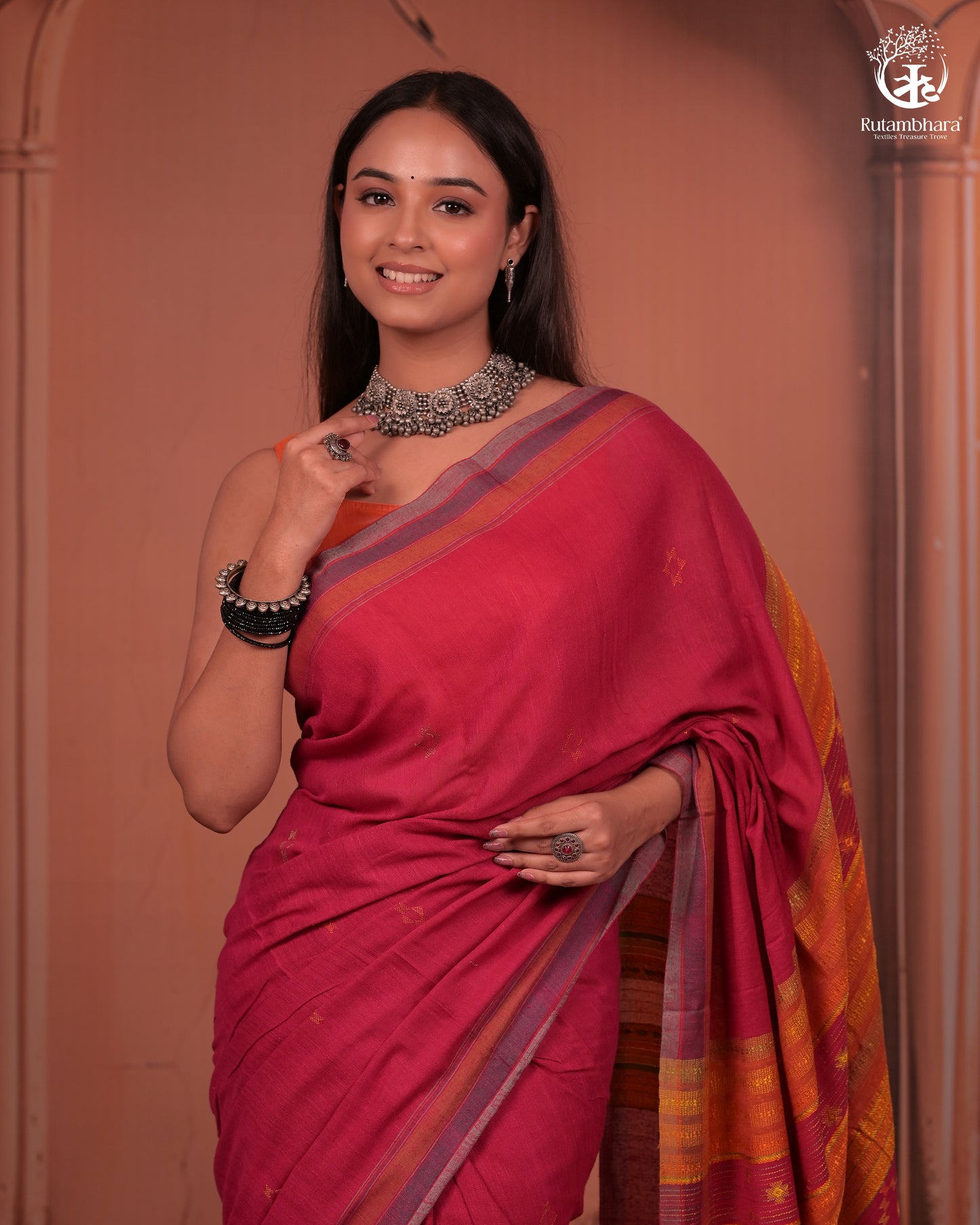 JESAAL - Statement Tussar Cotton Saree with Multicolour Kutchi Border