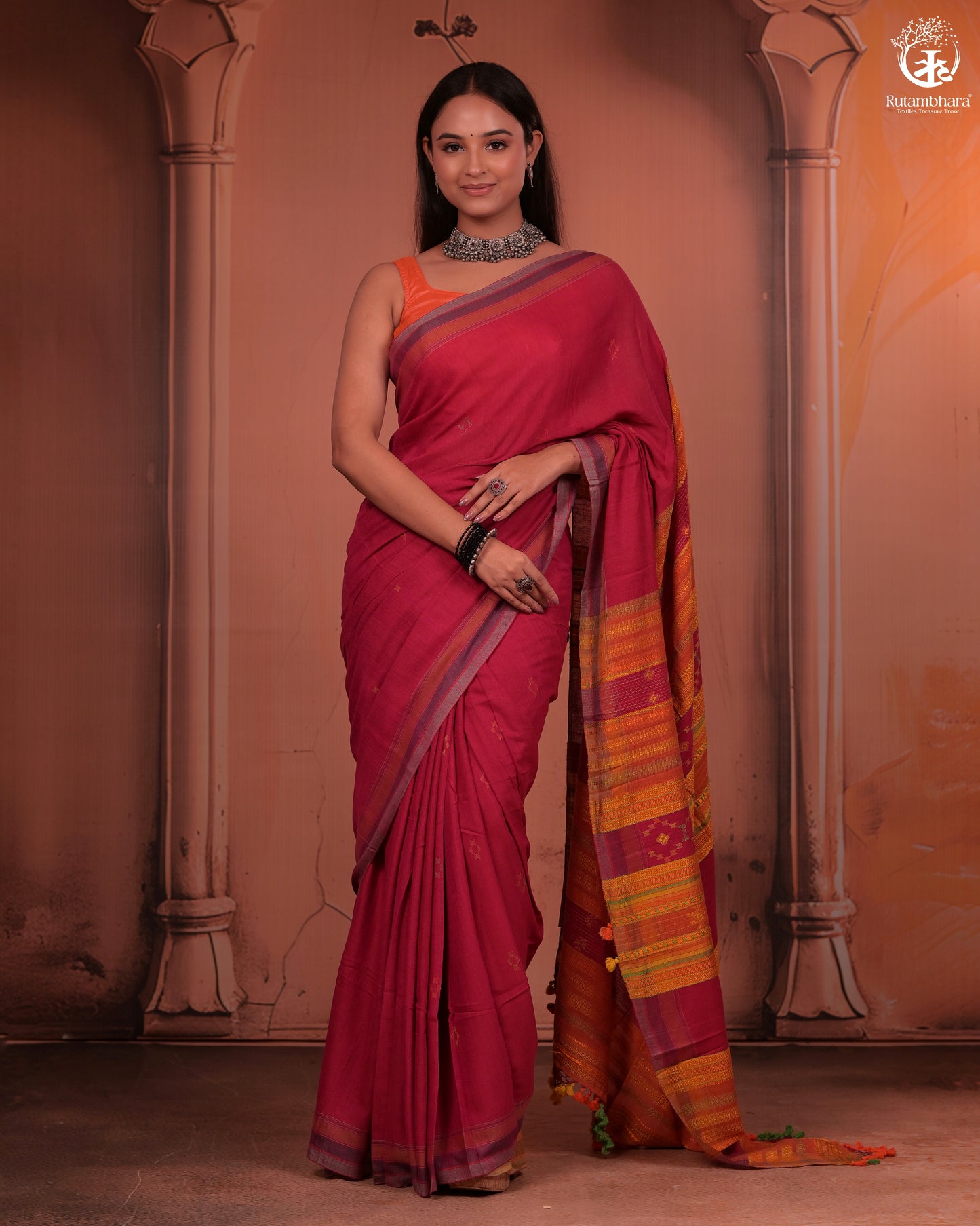 JESAAL - Statement Tussar Cotton Saree with Multicolour Kutchi Border