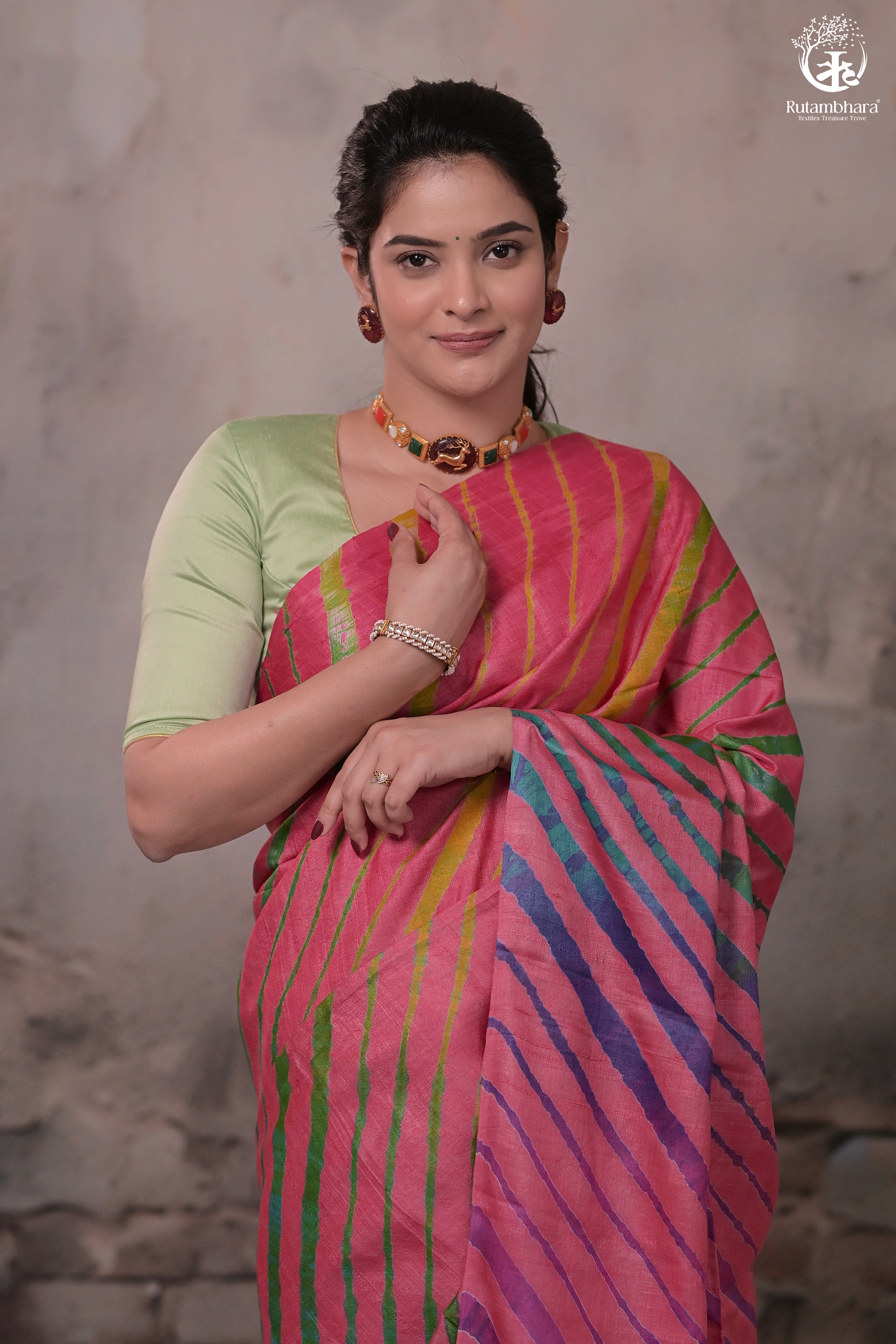 DHANAK - CARROT PINK LEHERIYA SAREE IN TUSSAR SILK